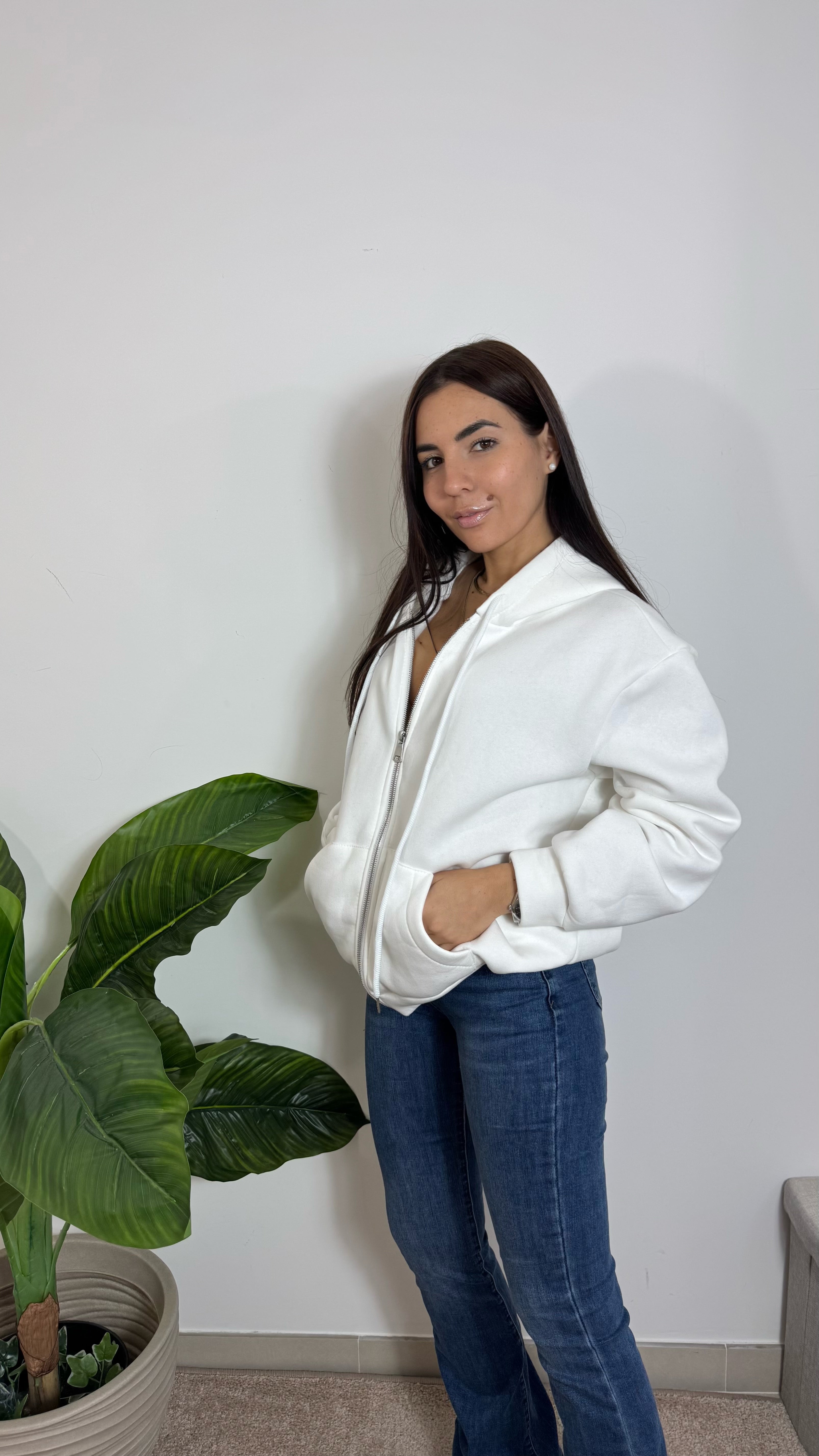 Felpa Puffy Con Zip Bianca