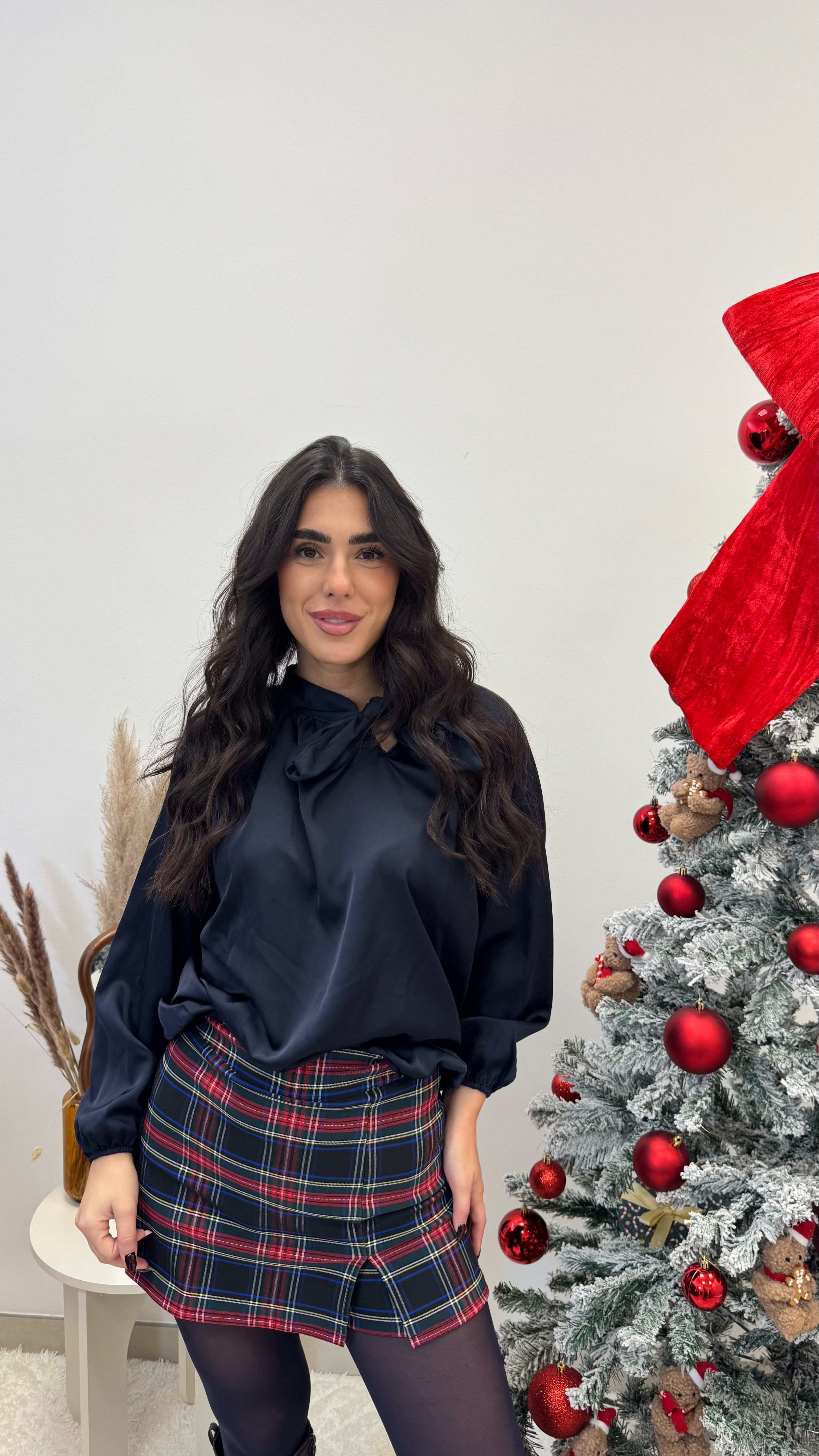 🥂Camicia Fiocco Effetto Raso Blu Notte