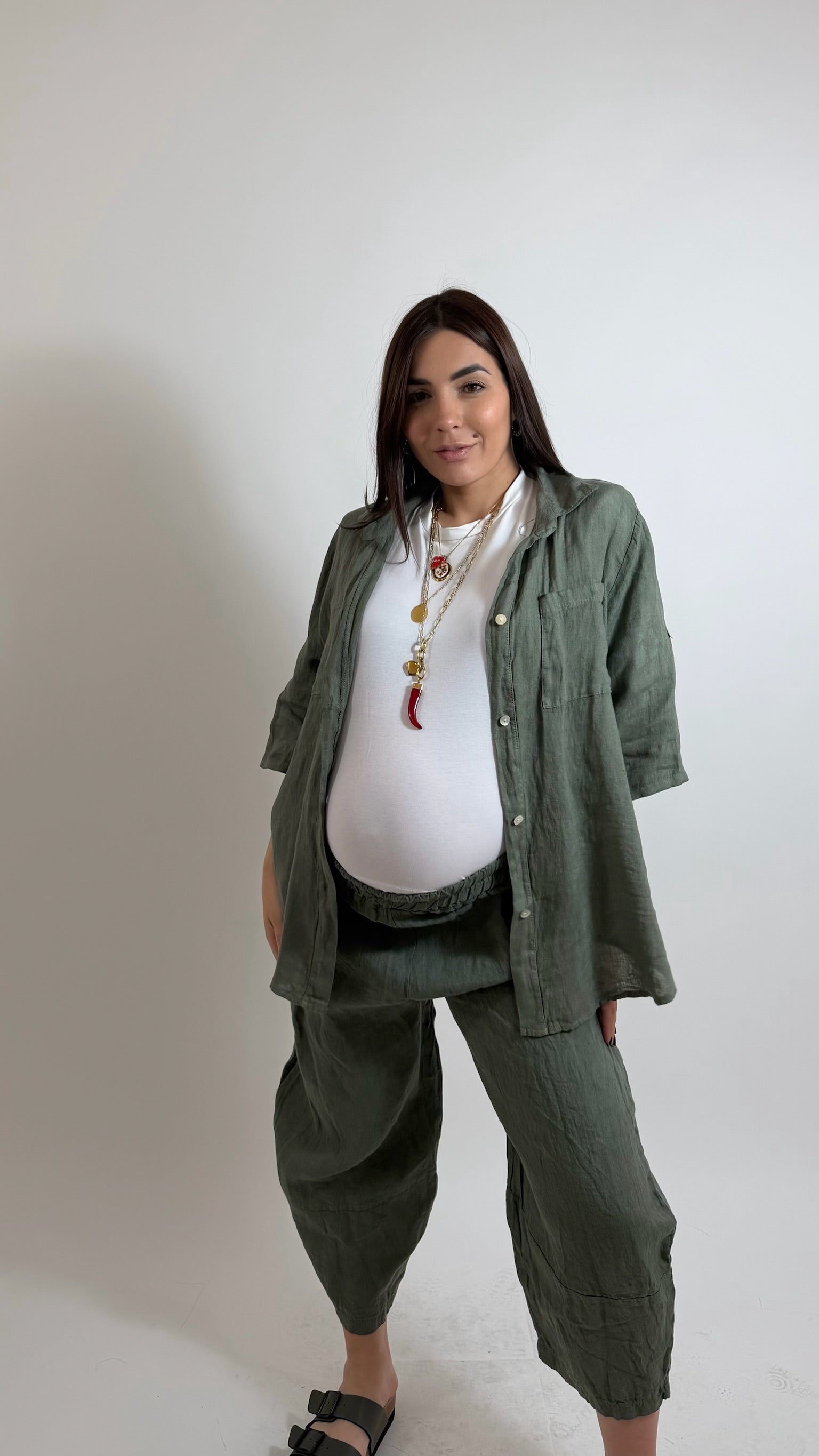 Pantalone Lino Balloon Verde Utility