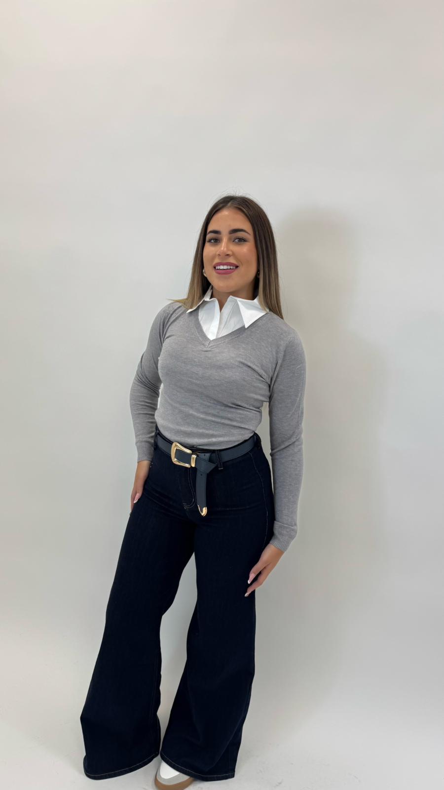 Pull Camicia Cucita Grigio Perla