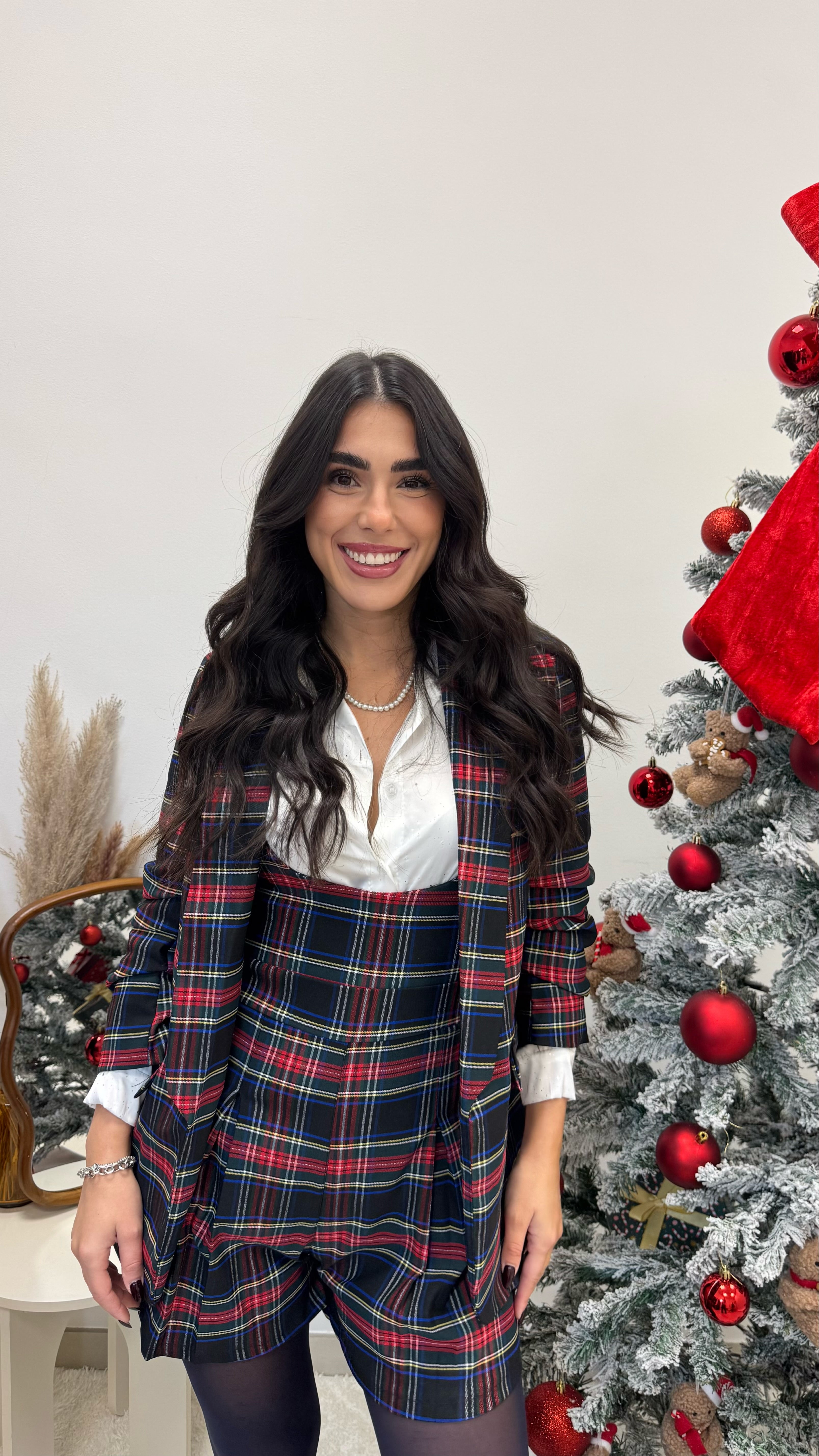 🎄Giacca Tartan Manica Arricciata Blu