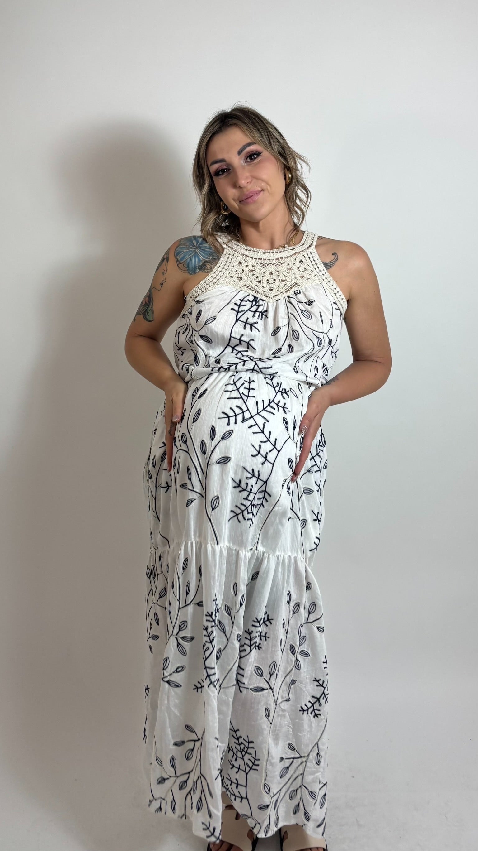 Maxi Dress Crochet Leaves Blu