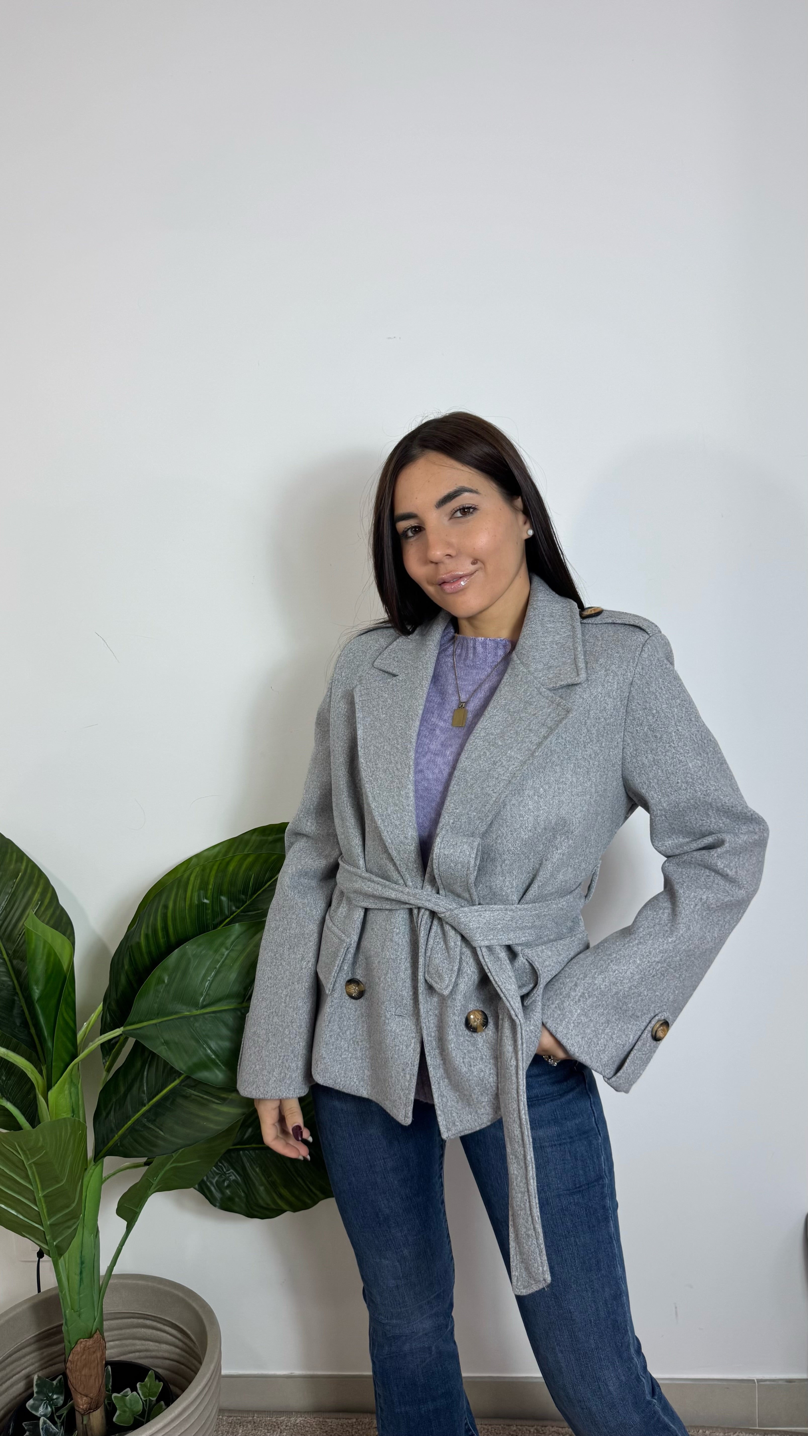 Mini Coat Con Cinta Grigio Perla