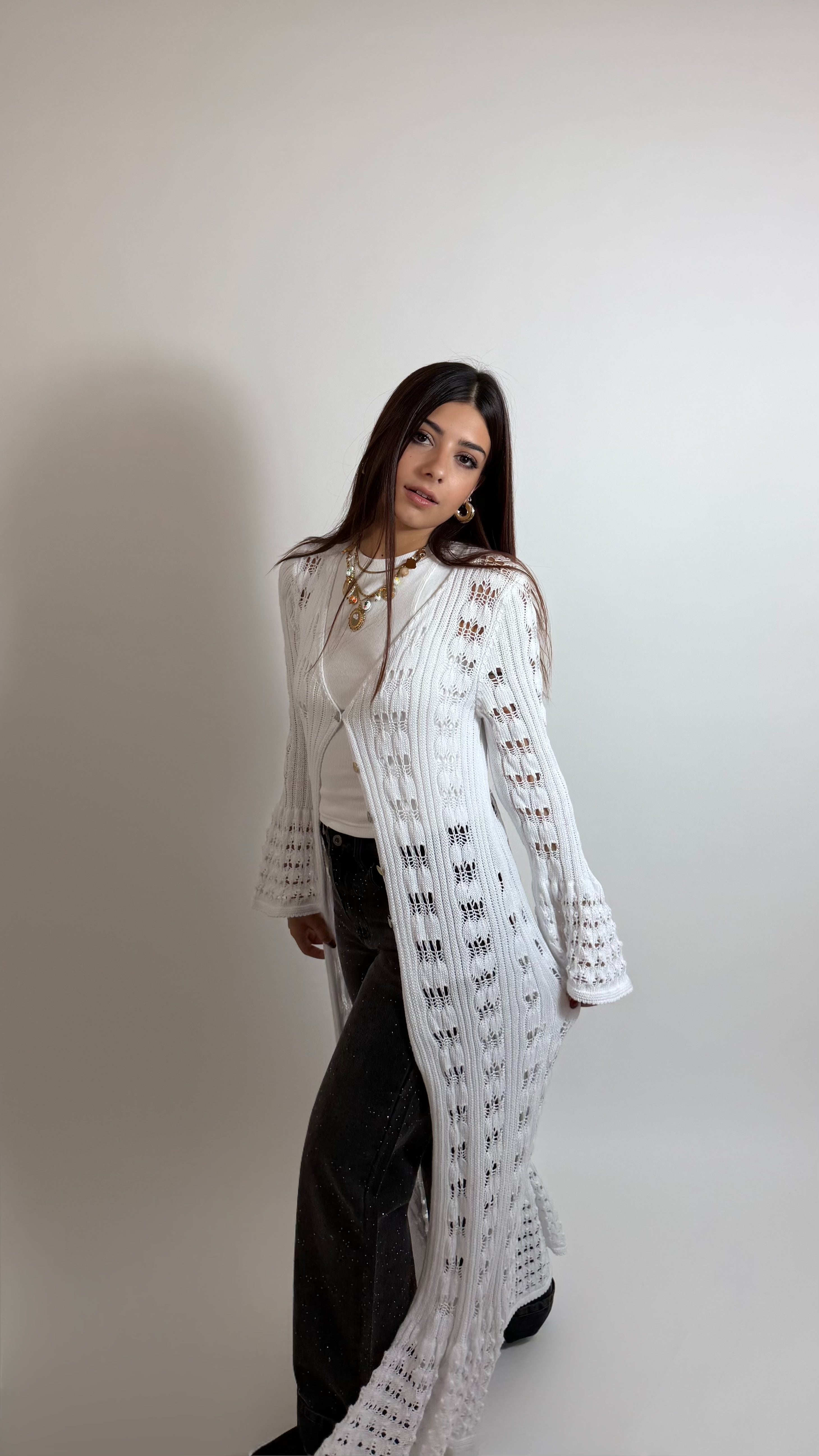 Maxi Cardigan Crochet Bianco