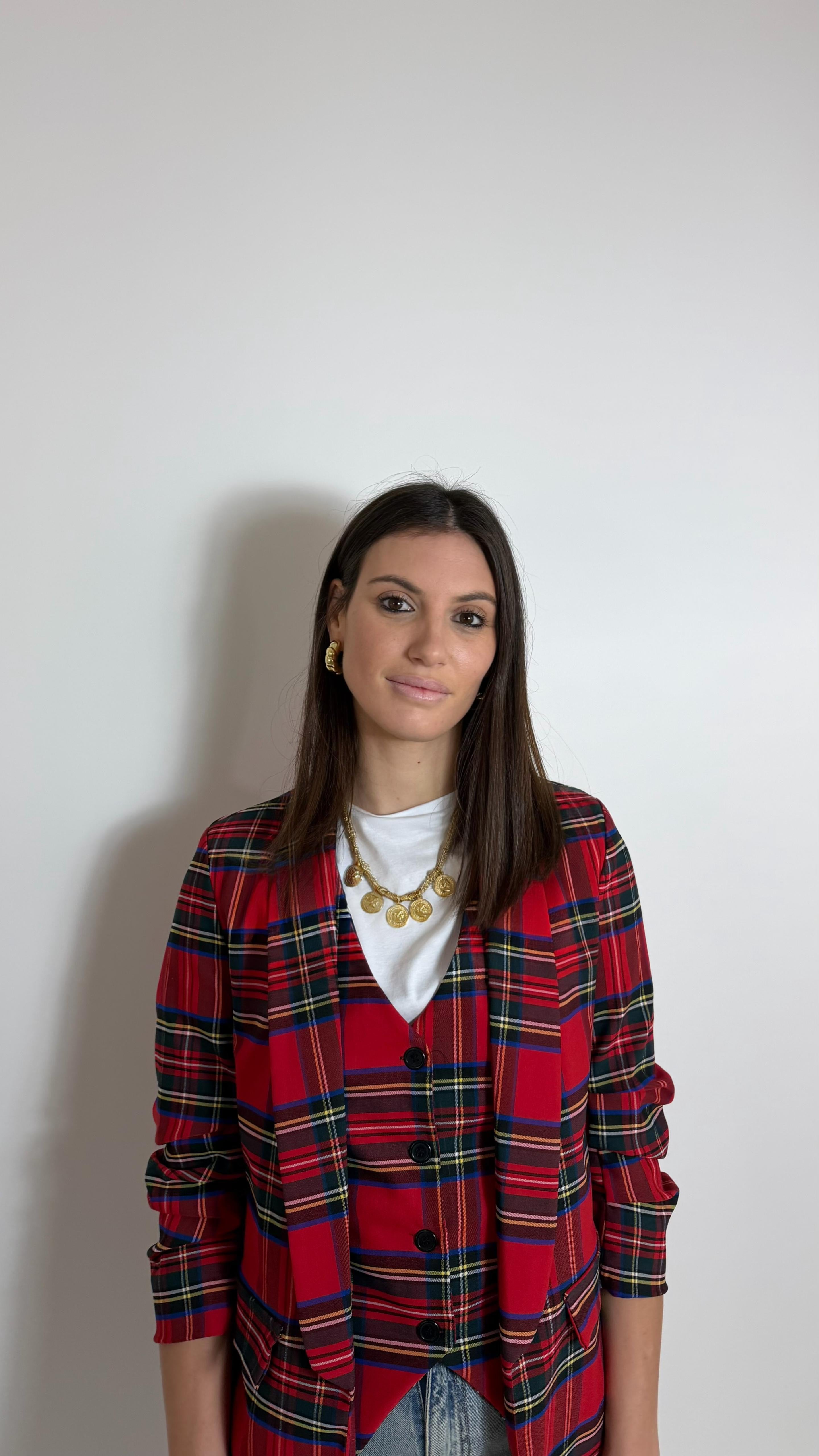 Giacca Tartan Manica Arricciata Rossa