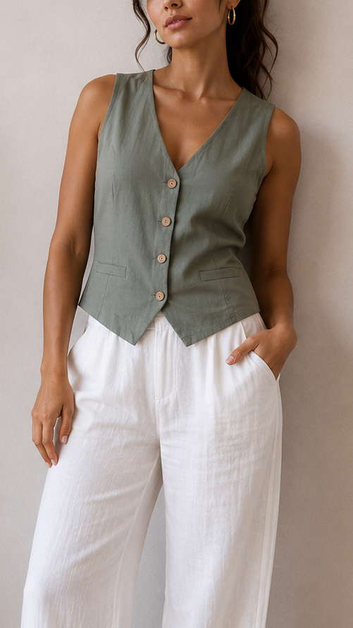 Gilet in Lino Verde Utility