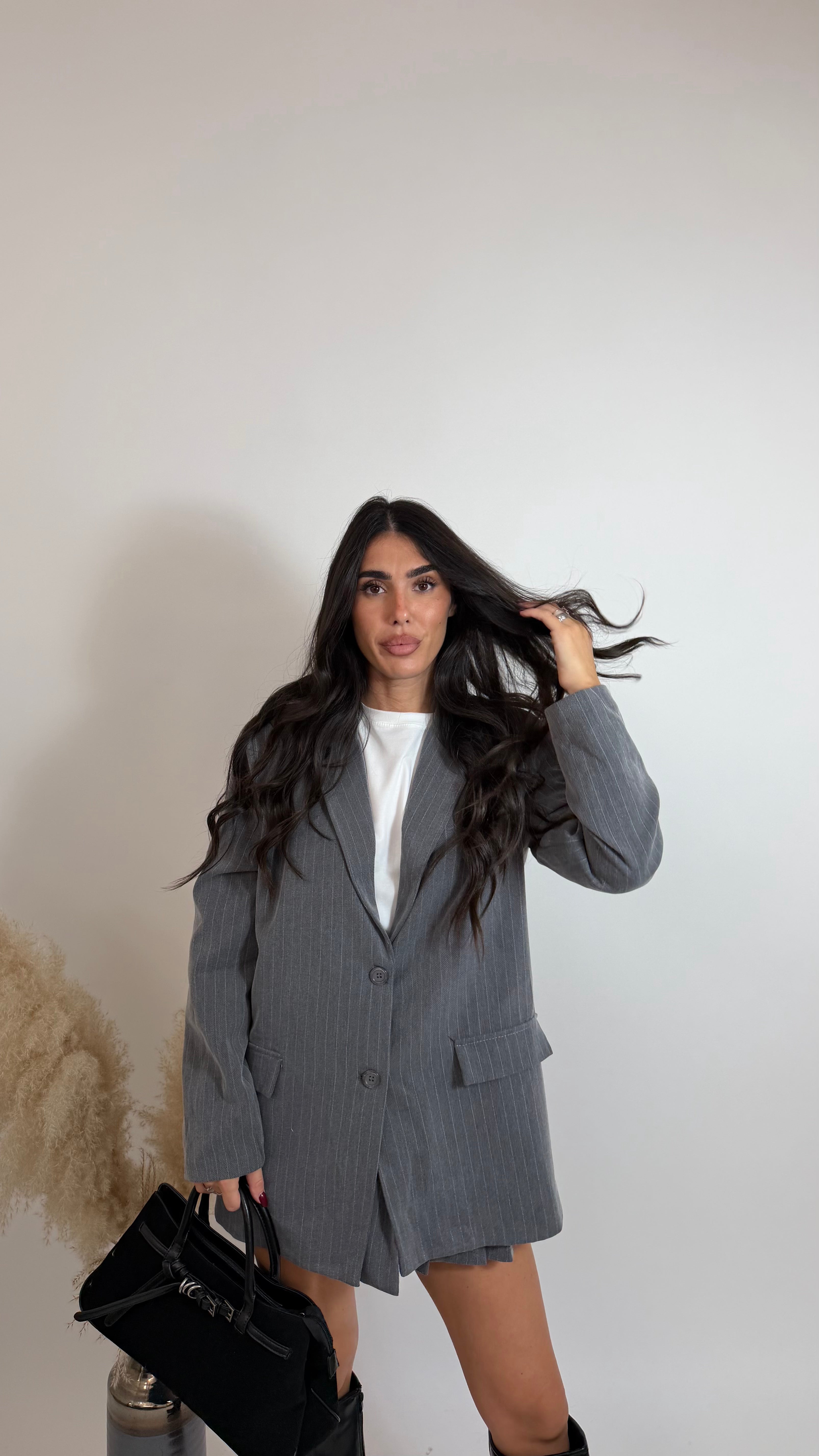 Blazer Gessato Oversize Grigio Perla
