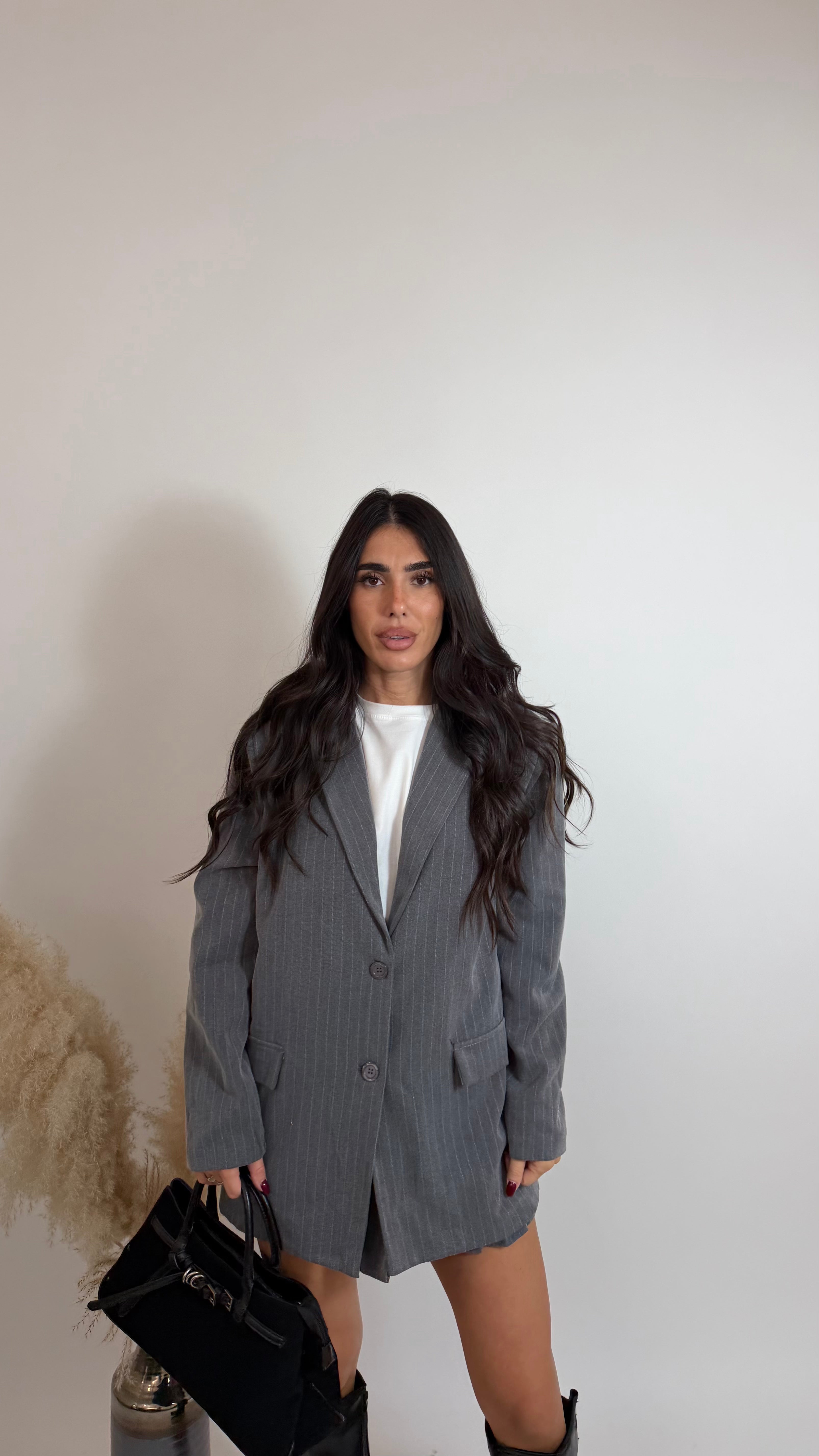 Blazer Gessato Oversize Grigio Perla