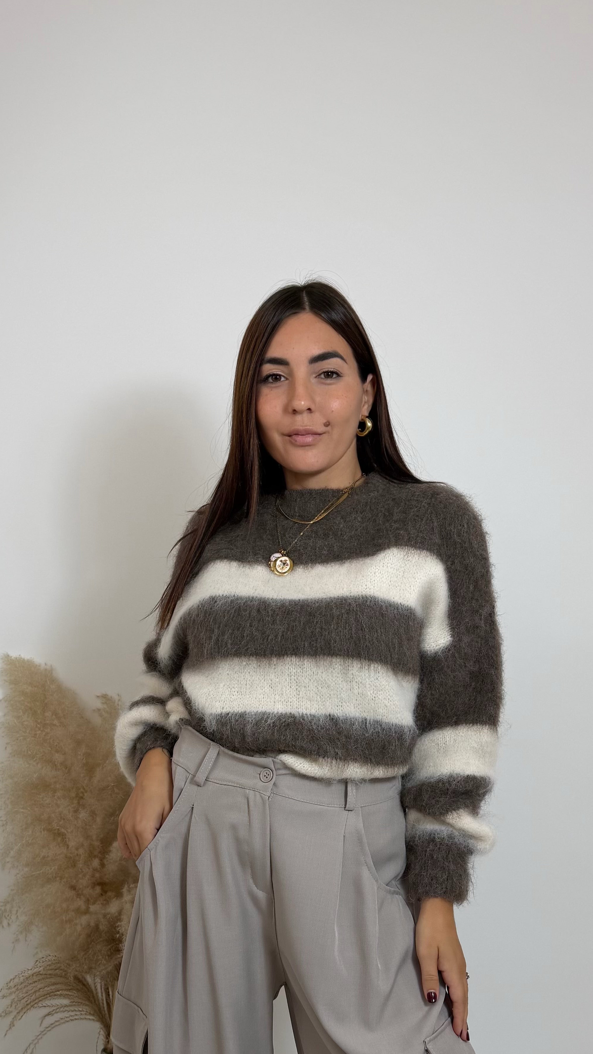 Maglione Fluffy Stripe Tortora