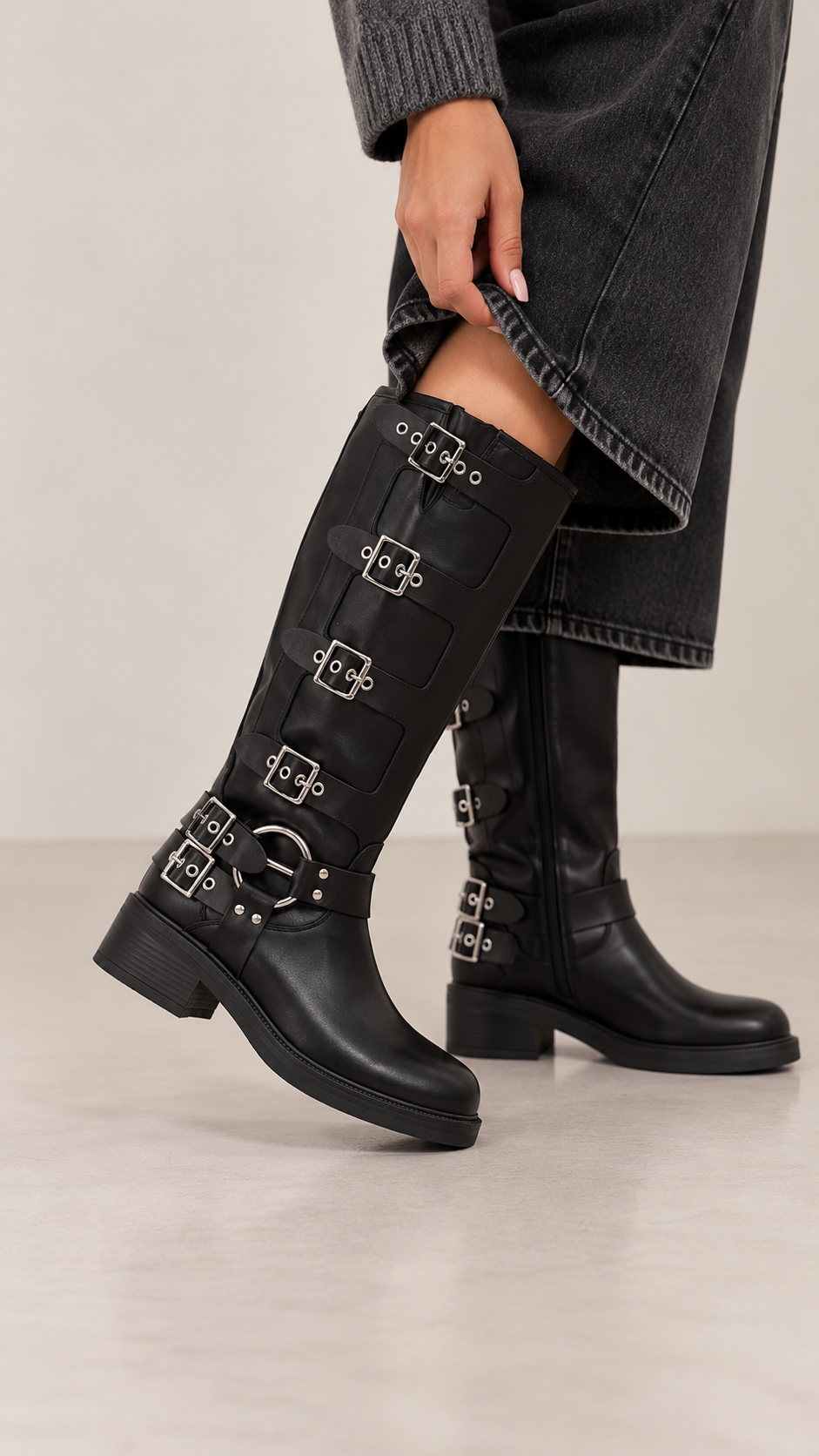 Stivale Biker Multi Buckle Nero