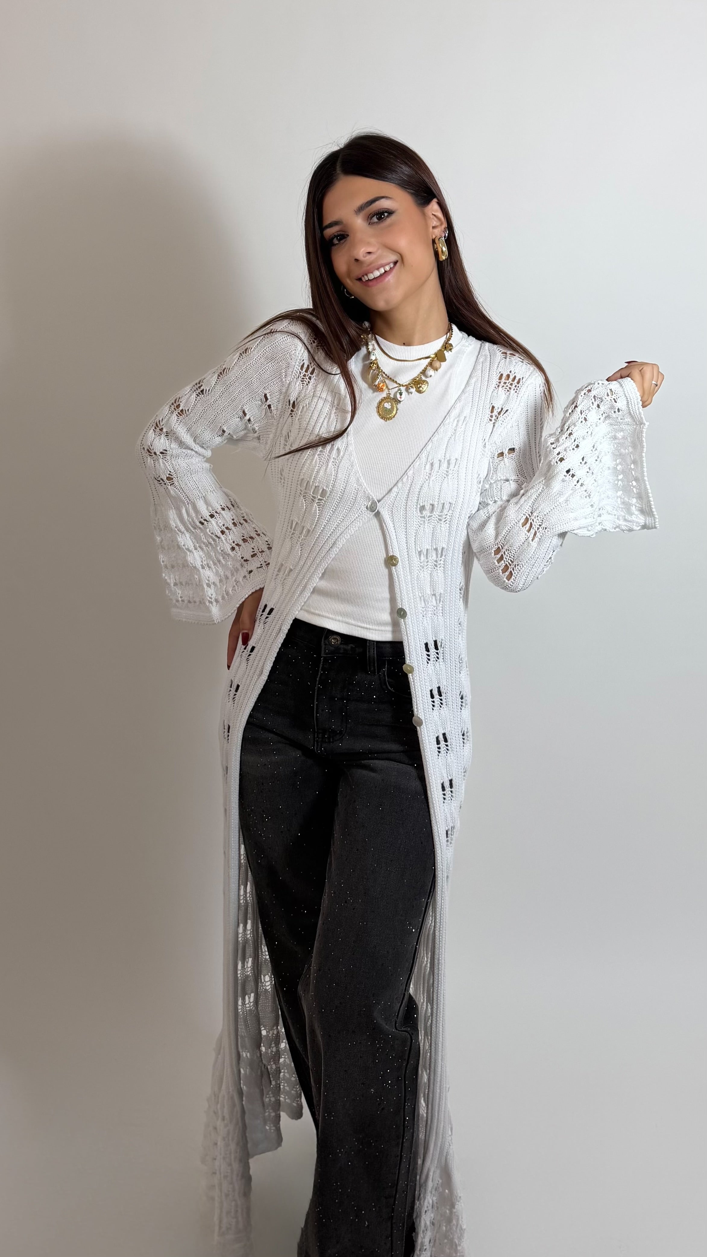 Maxi Cardigan Crochet Bianco