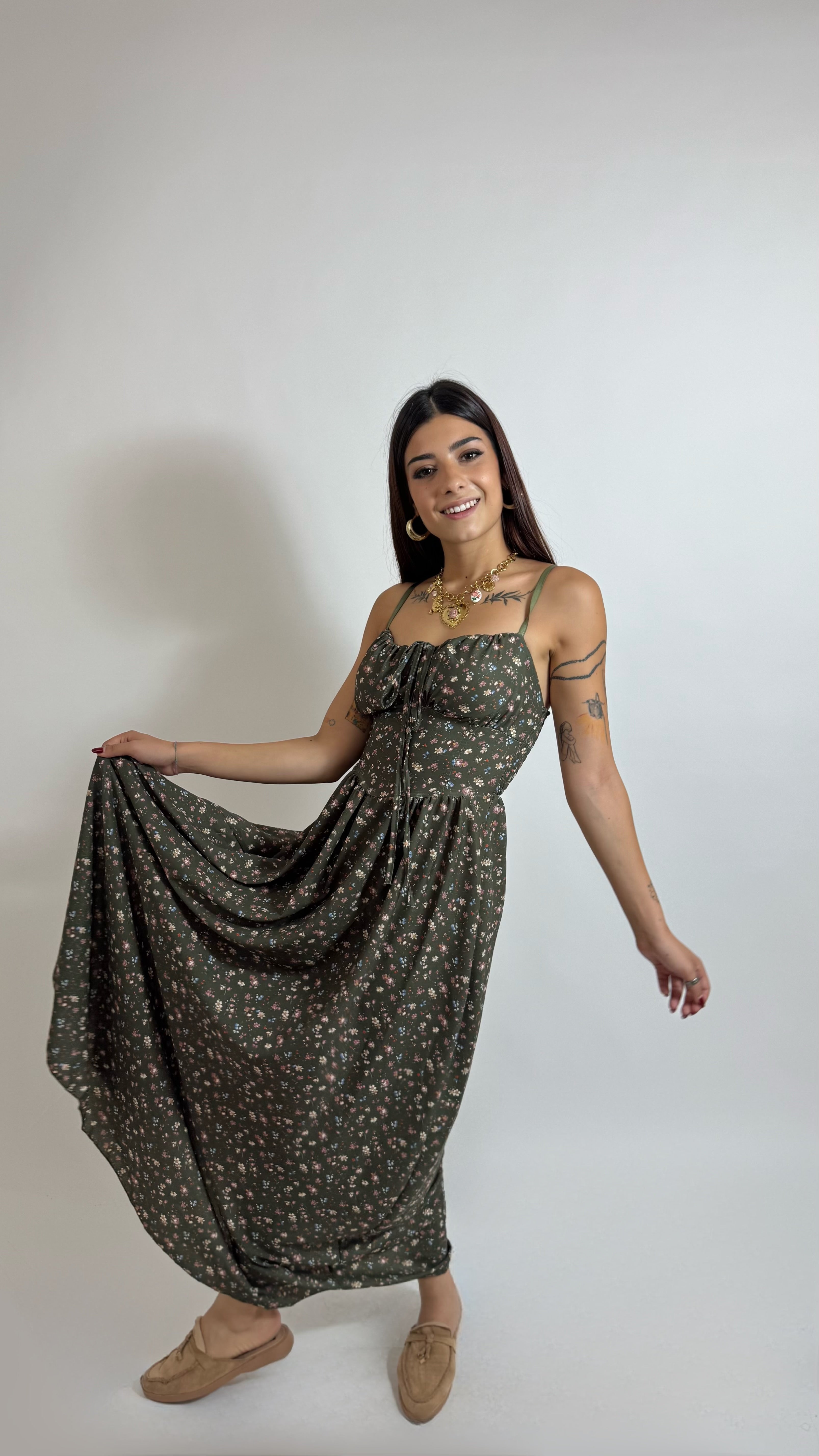 Abito Greta Flowers Verde Utility