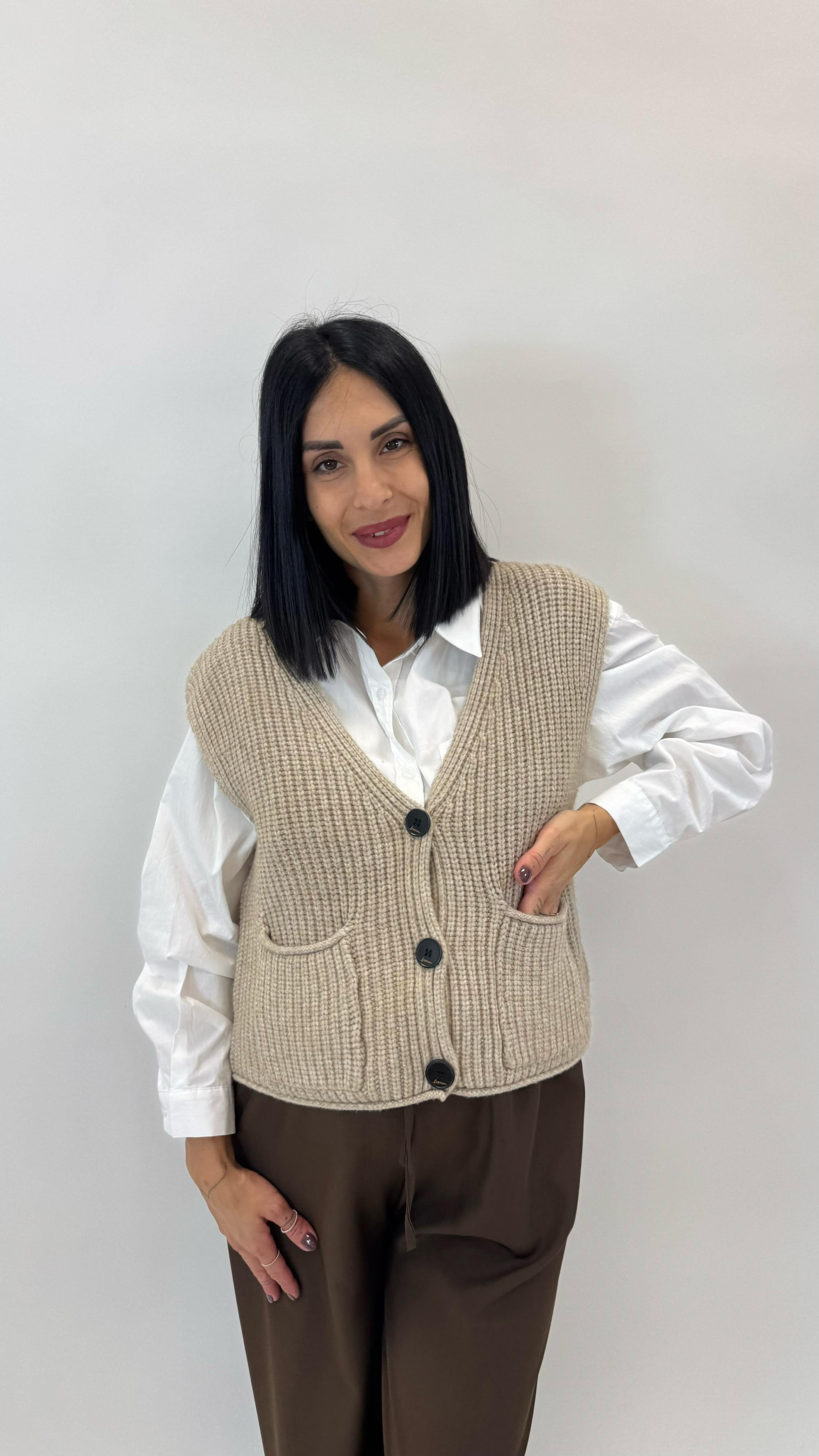 Gilet In Maglia Inglese Tortora