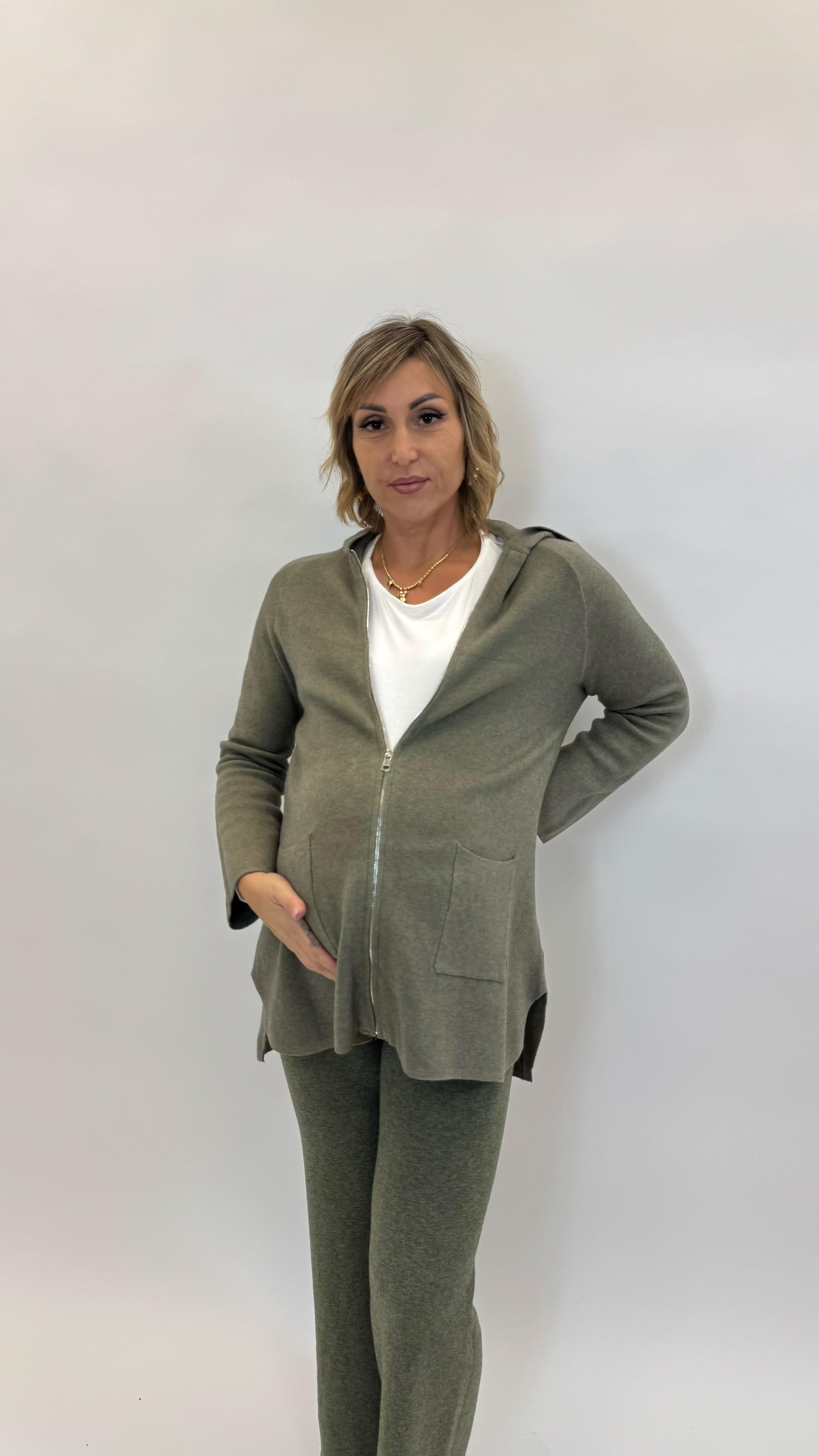 Maxi Pull con Zip Verde Mélange