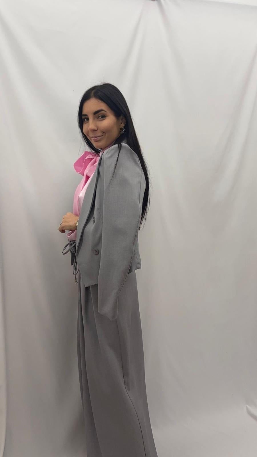 Tailleur Giacca Crop e Panta Palazzo Grigio Perla
