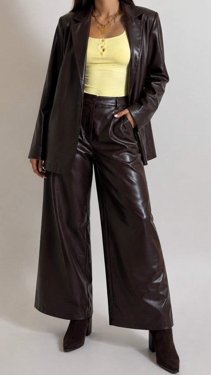Pantalone Wide Ecopelle Choco