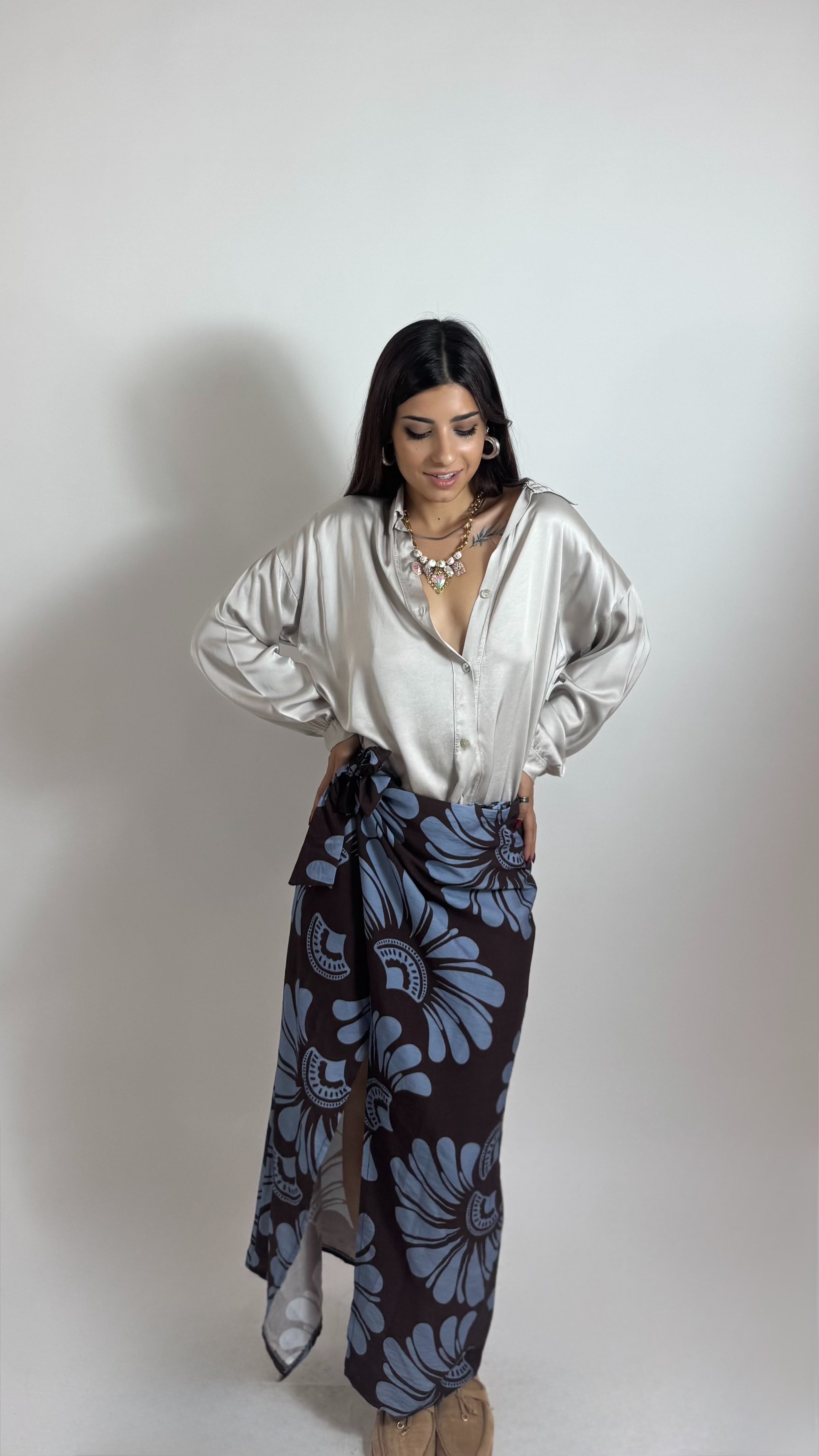 Gonna Pareo Midi Flower Moka/Indaco