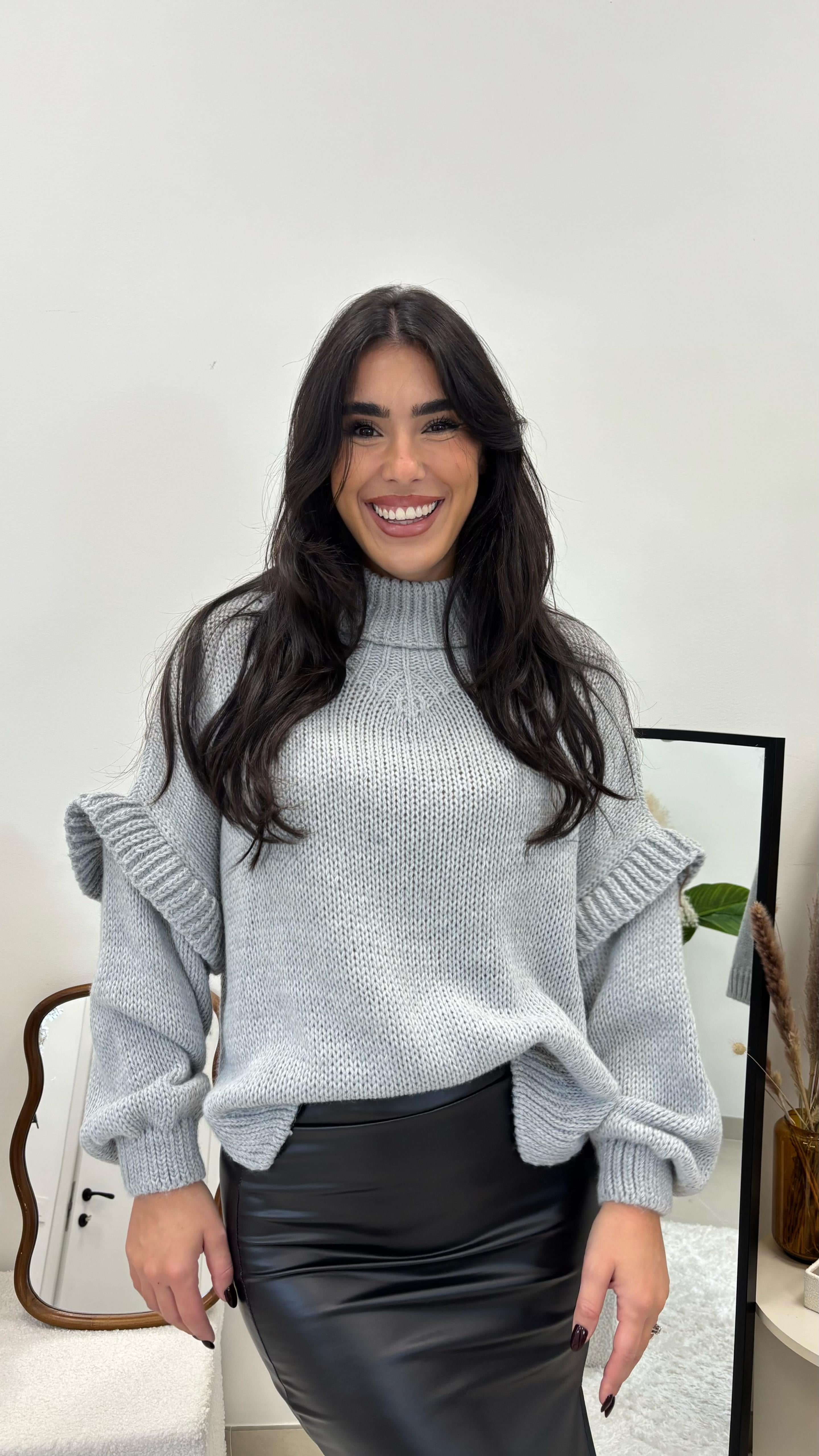 Pull Oversize Manica con Rouches Grigio Perla