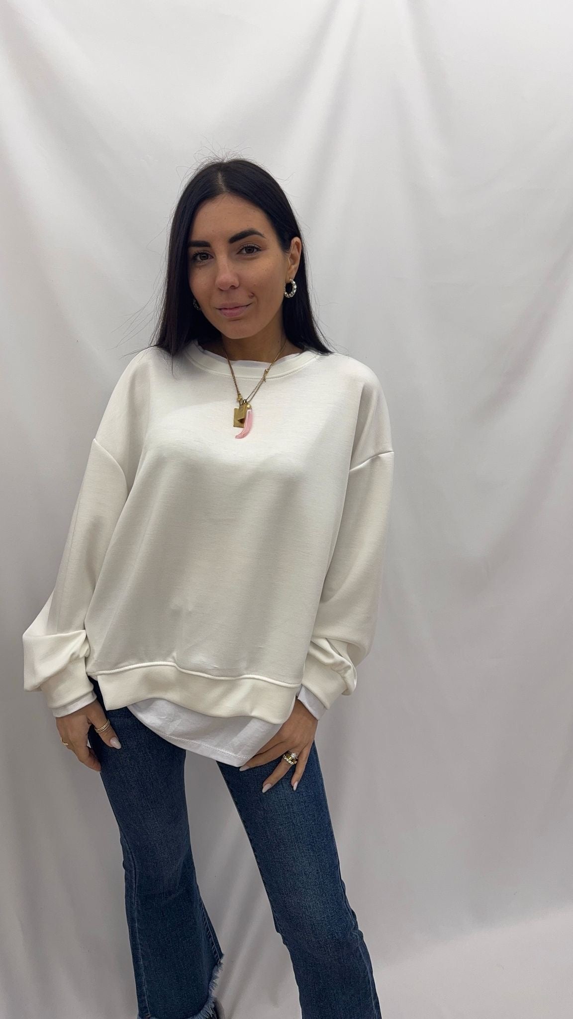 Felpa con Maglia Over Panna
