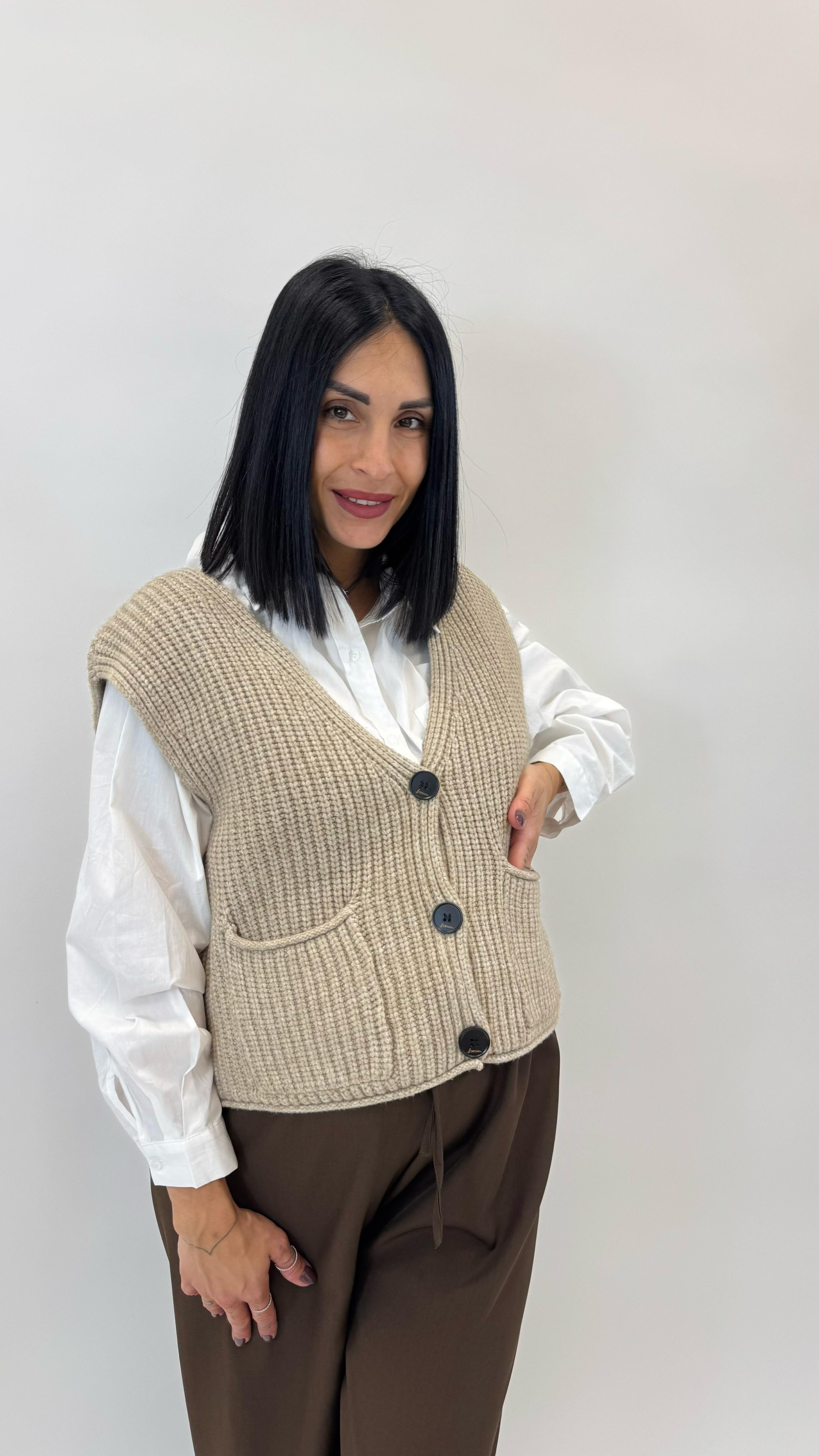 Gilet In Maglia Inglese Tortora