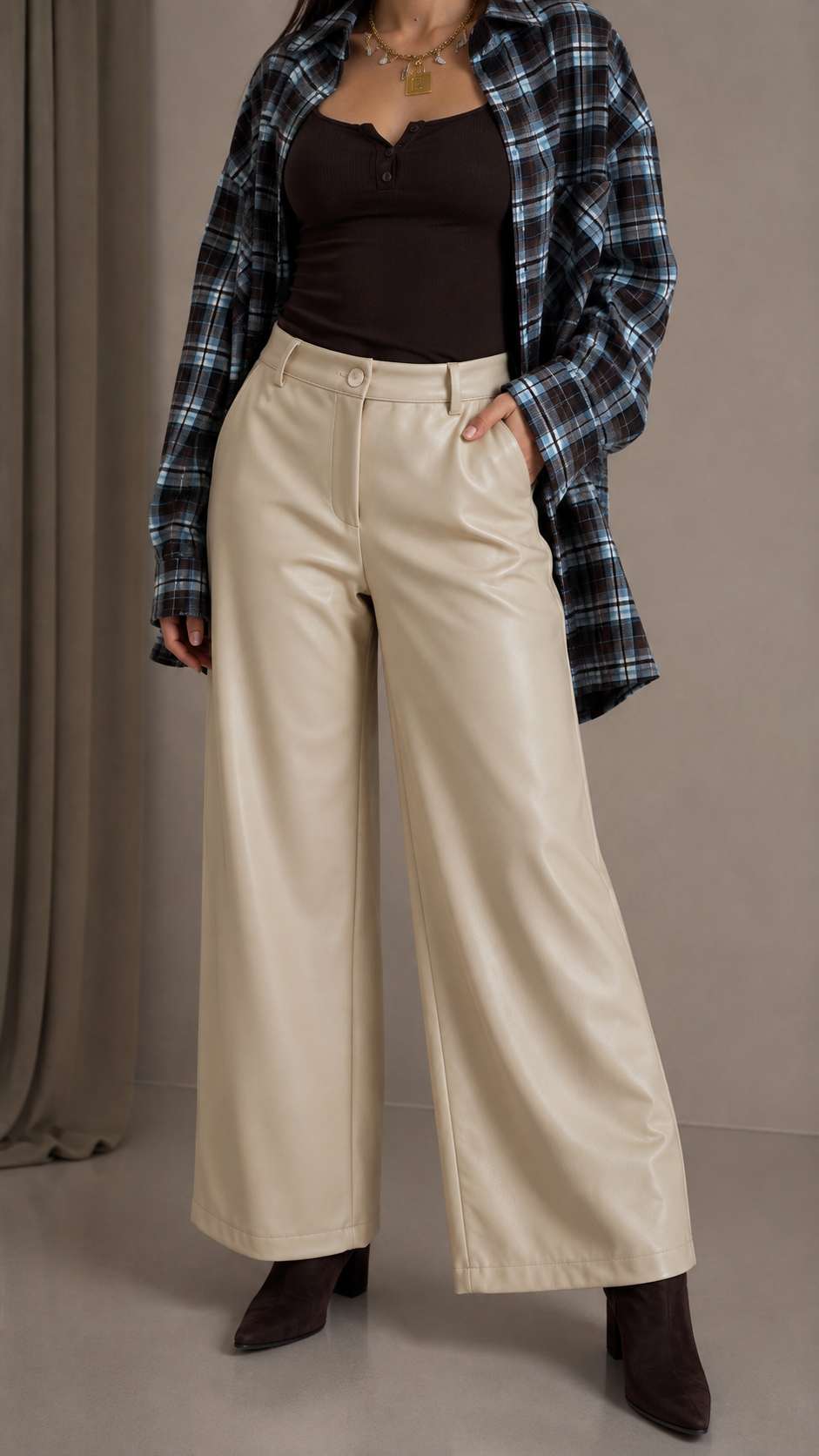 Pantalone Wide Ecopelle Burro