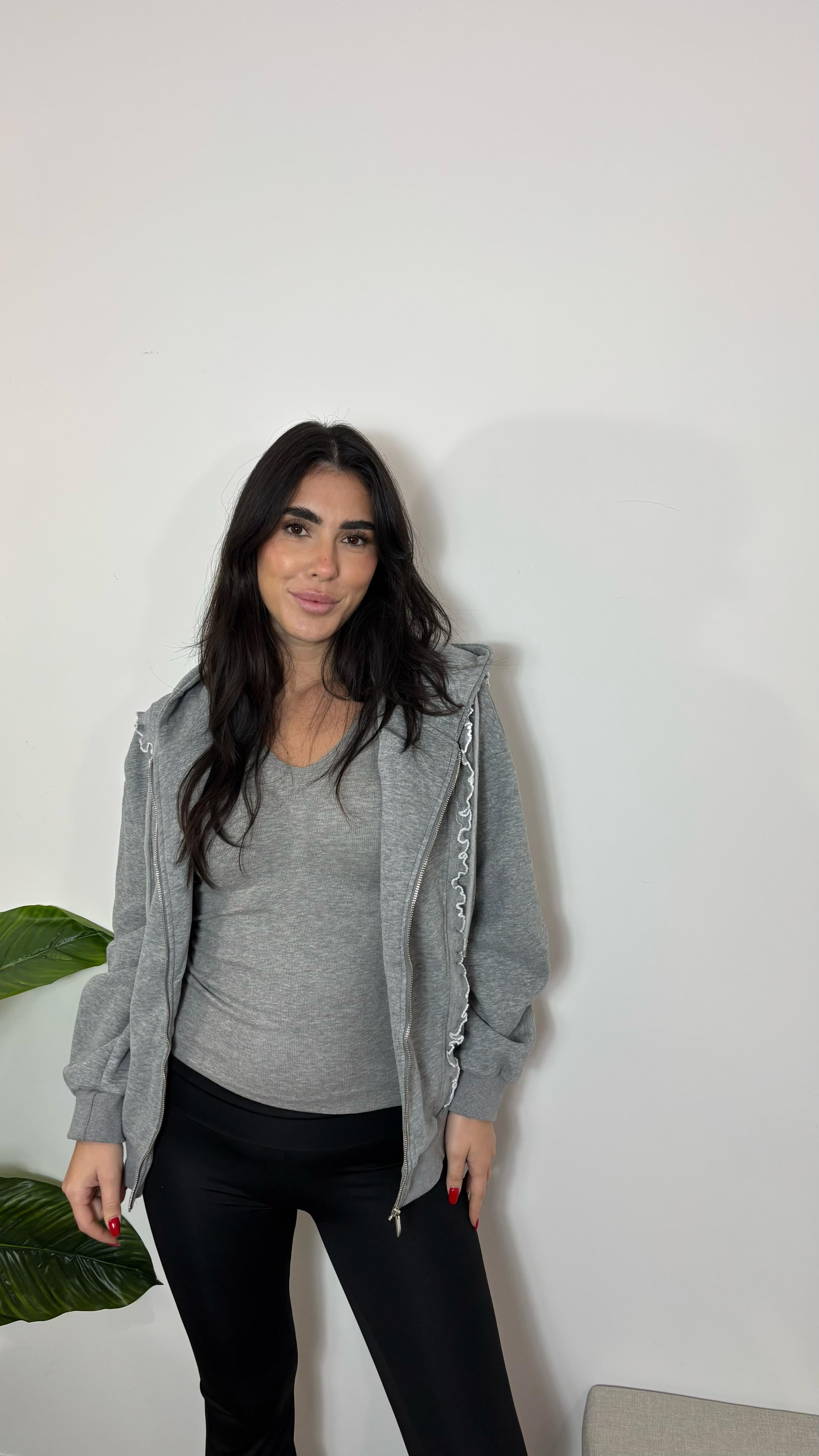 Felpa Con Zip e Volant Grigio Perla