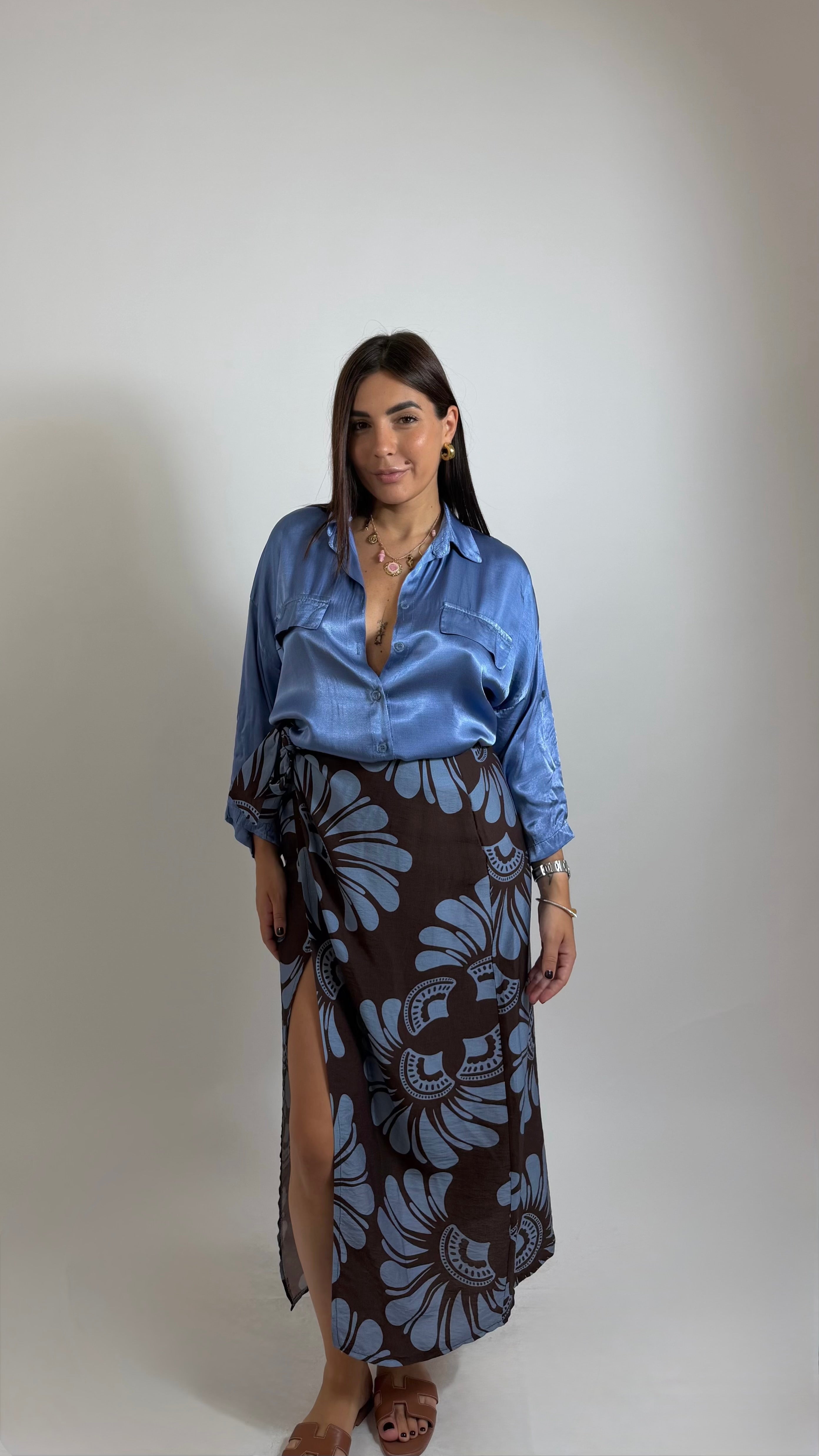 Gonna Pareo Midi Flower Moka/Indaco