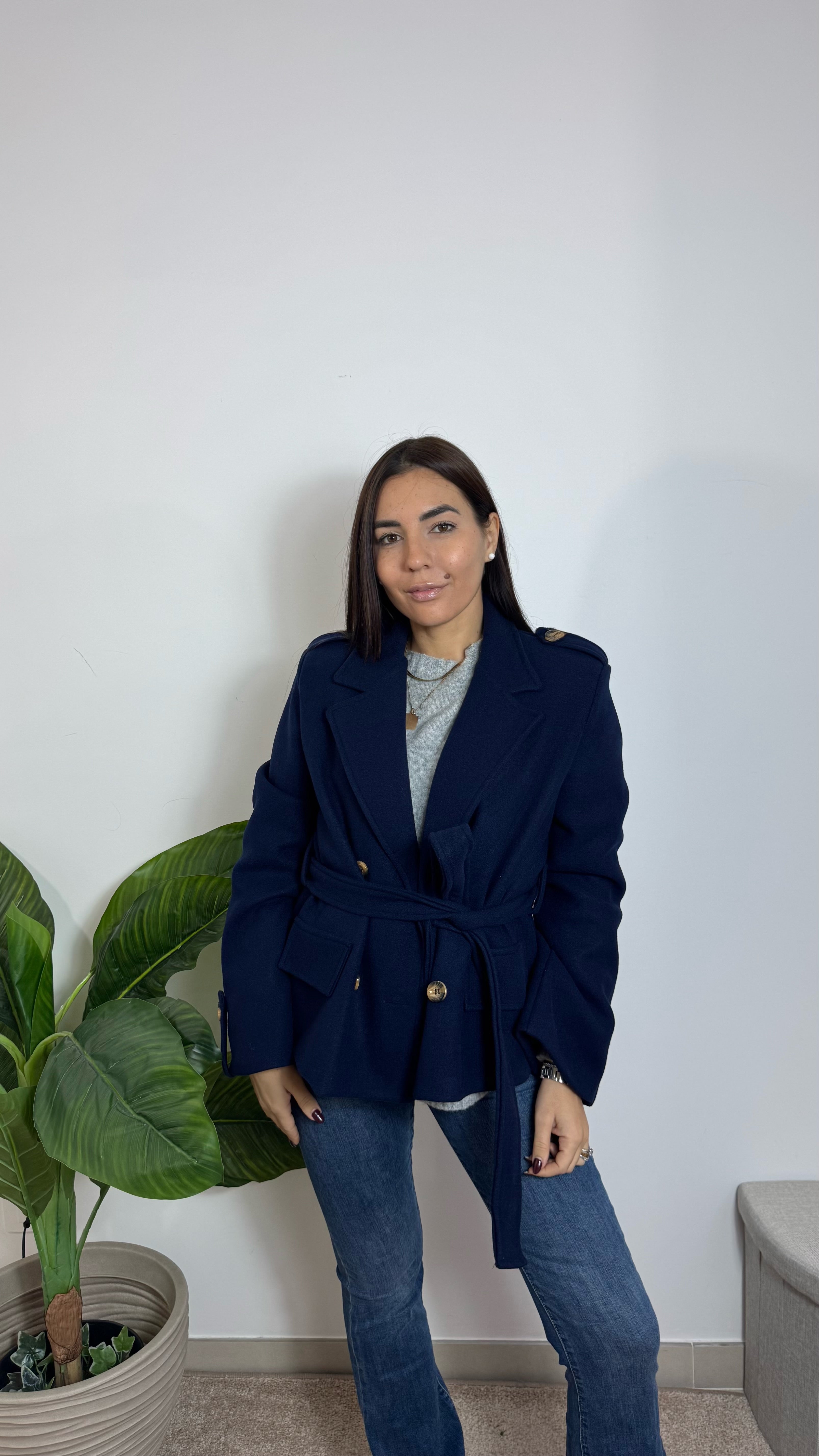 Mini Coat Con Cinta Blu Notte