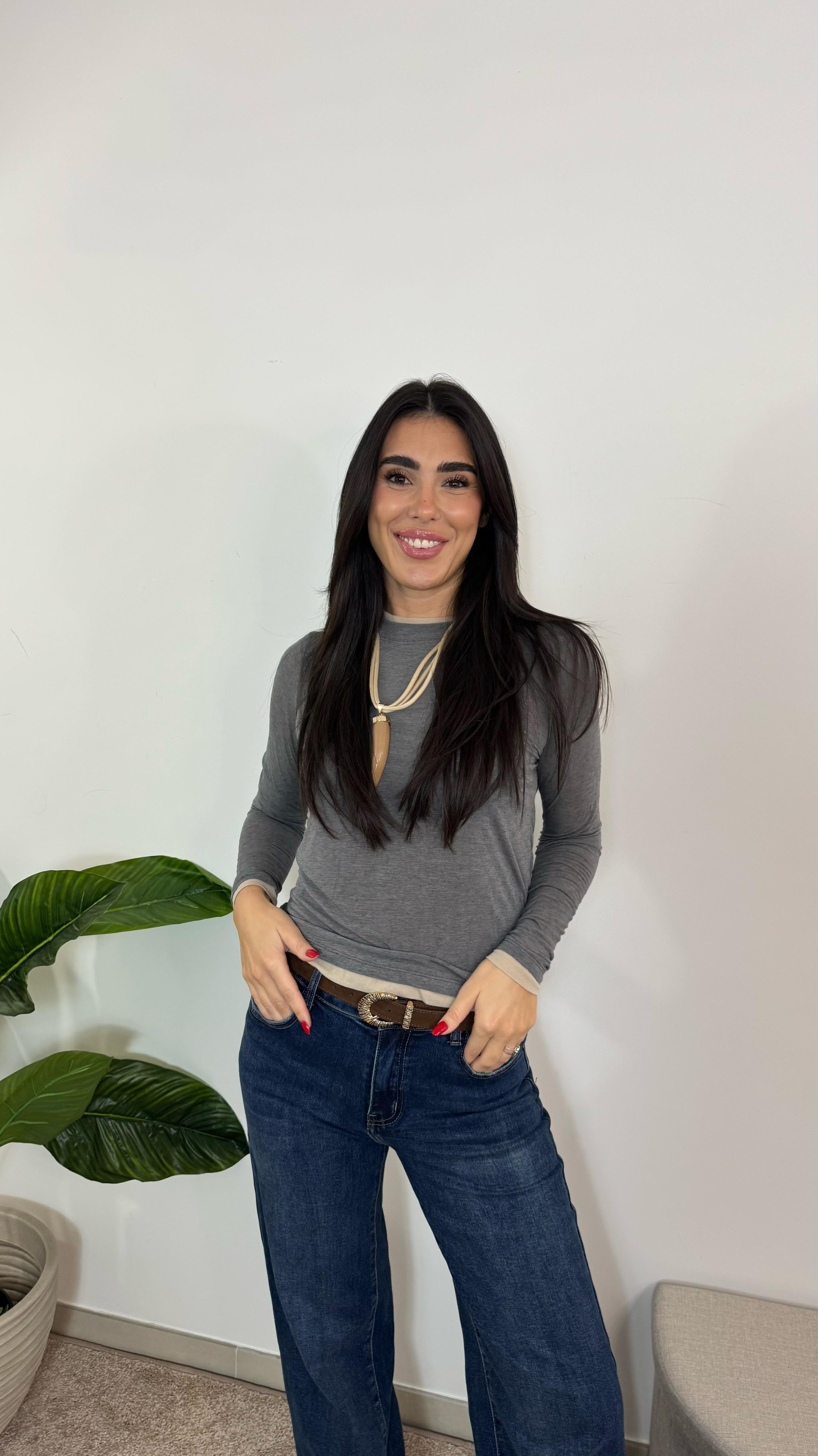 Maglia Cashmere Bicolor Grigio Perla