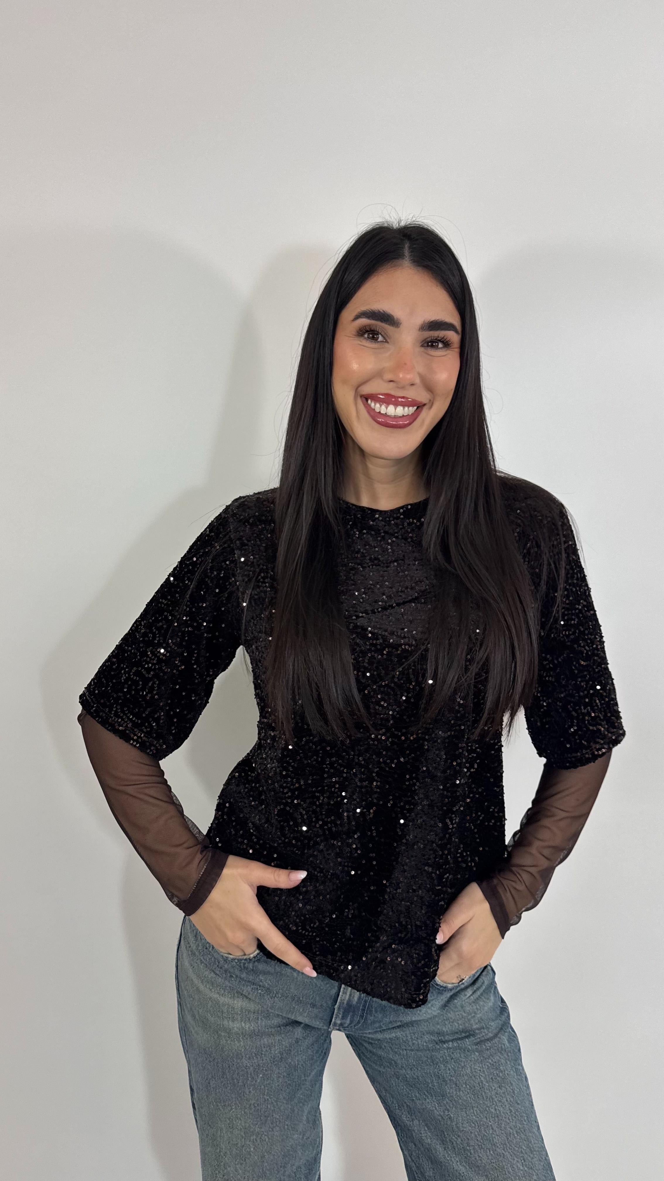 🥂Maglia Paillettes Manica Tulle Testa di Moro