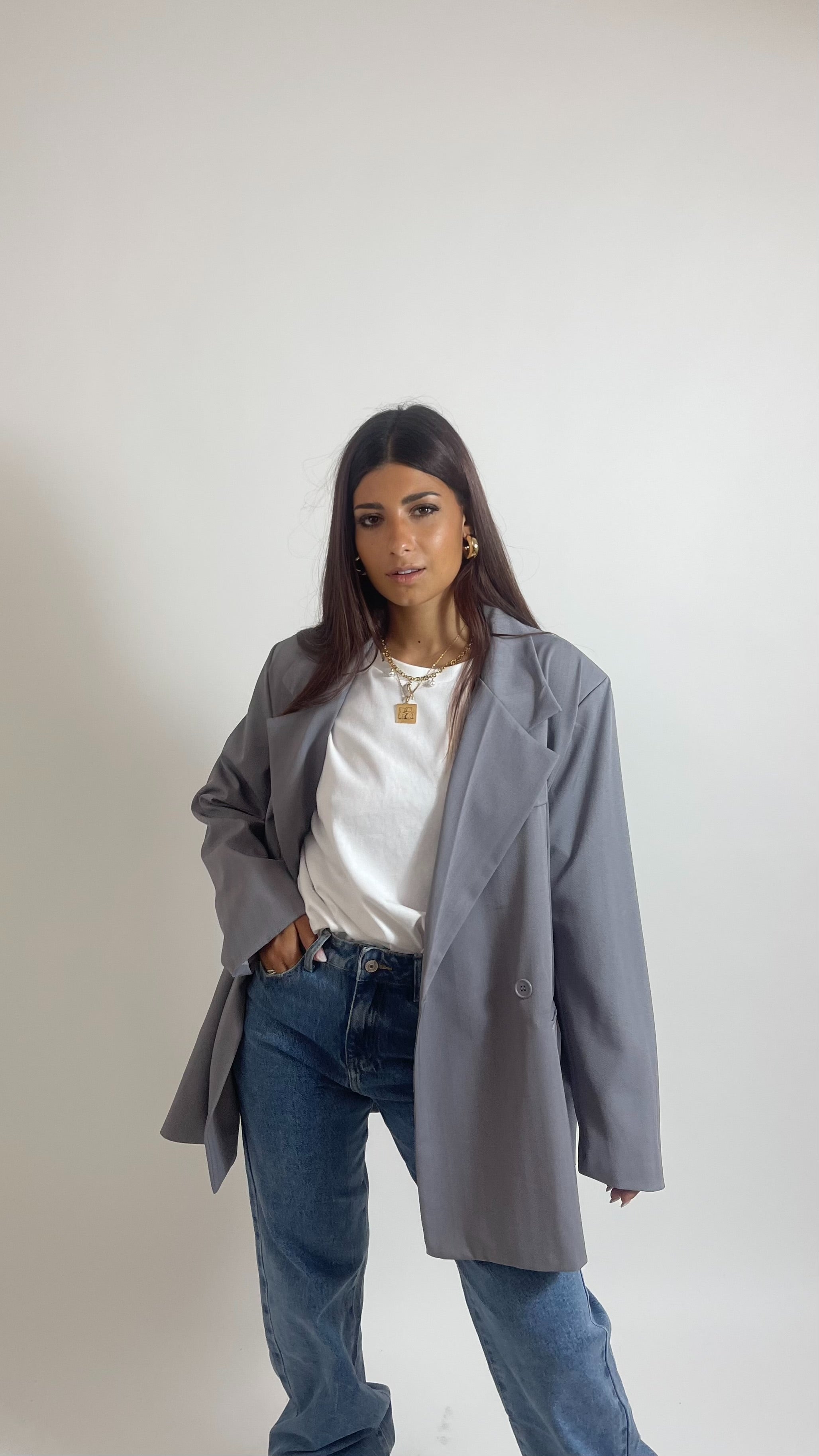 Giacca Over Herringbone Grigia