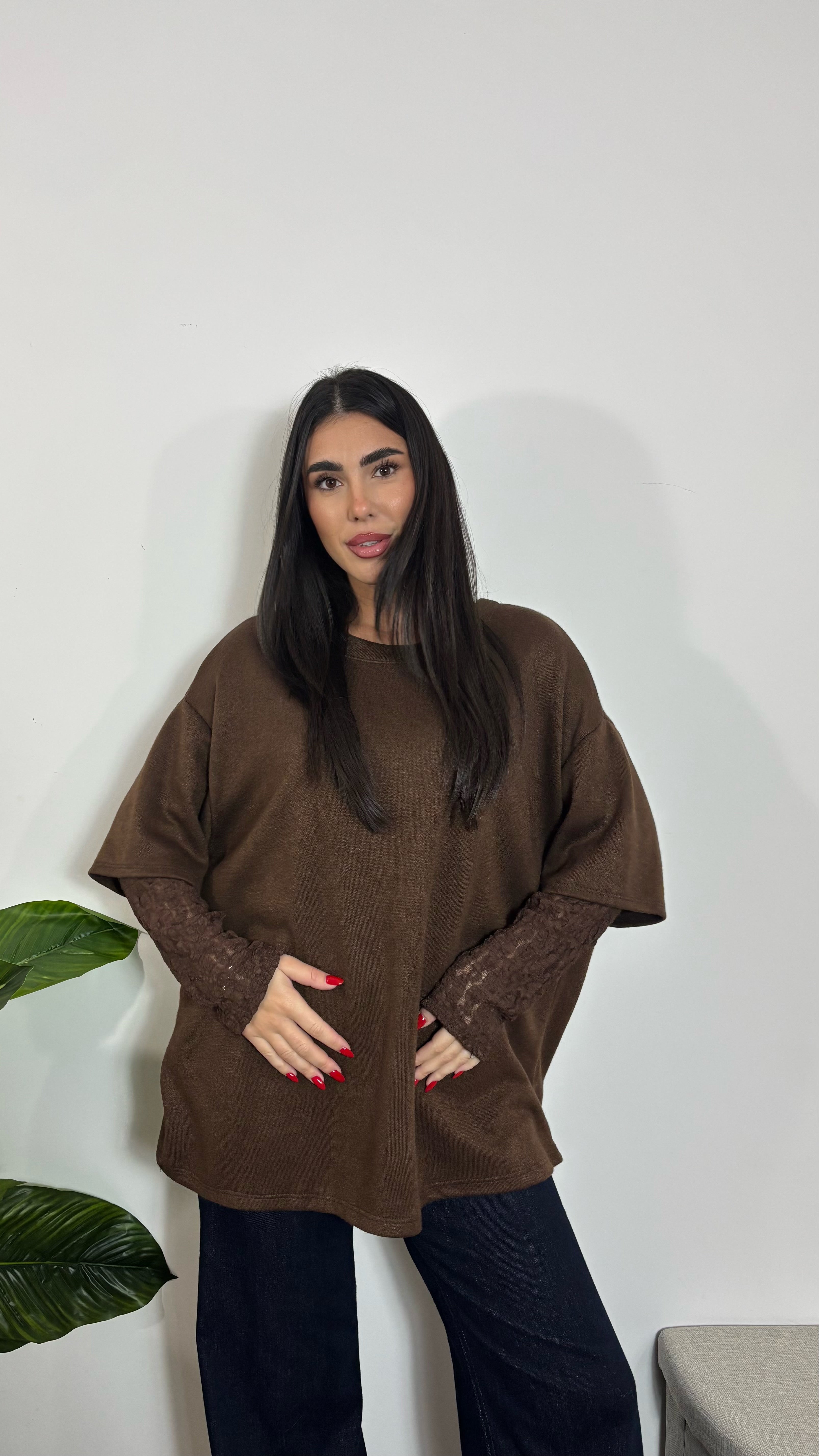 Maxi Maglia Maniche in Pizzo Choco