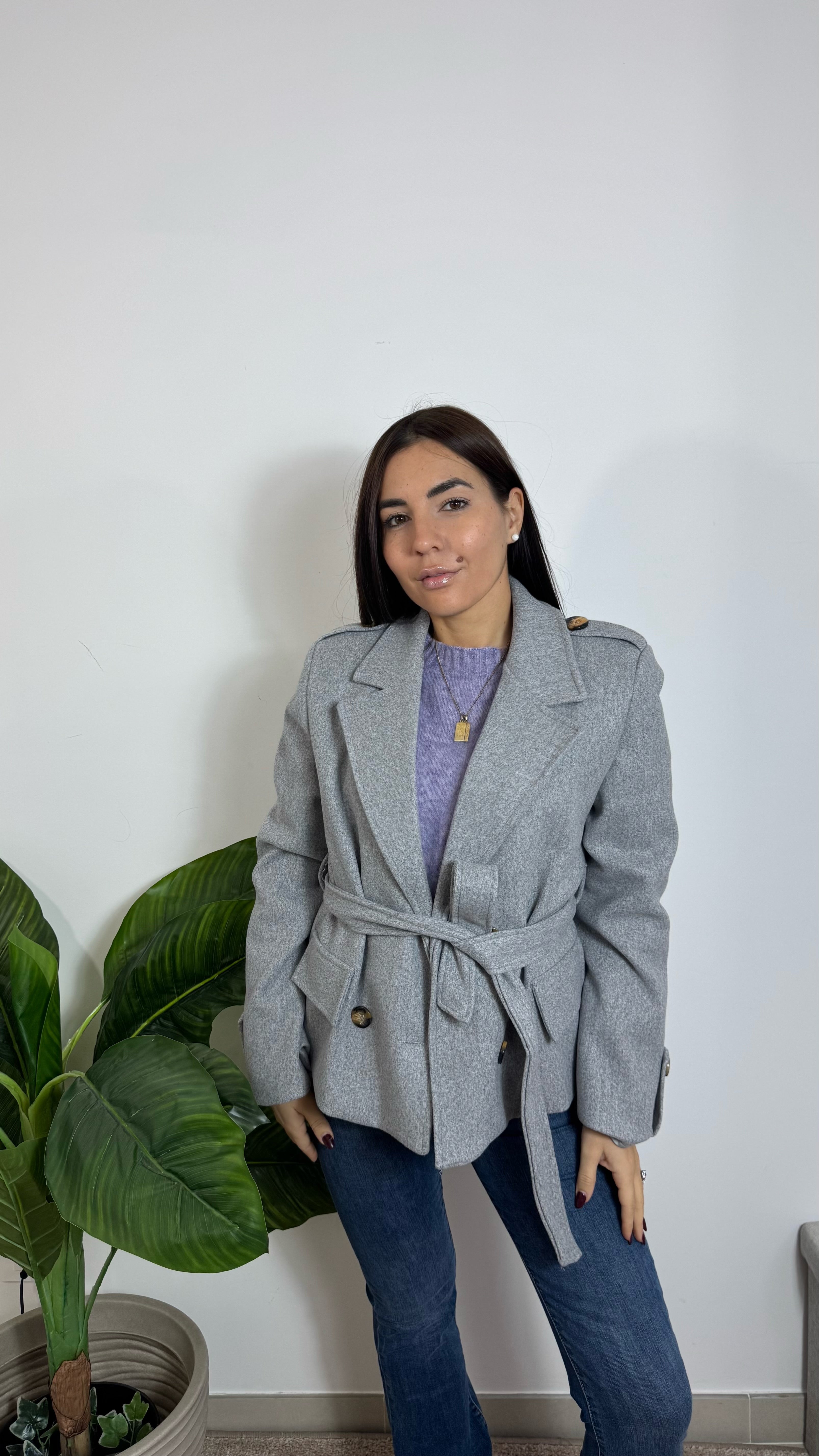 Mini Coat Con Cinta Grigio Perla