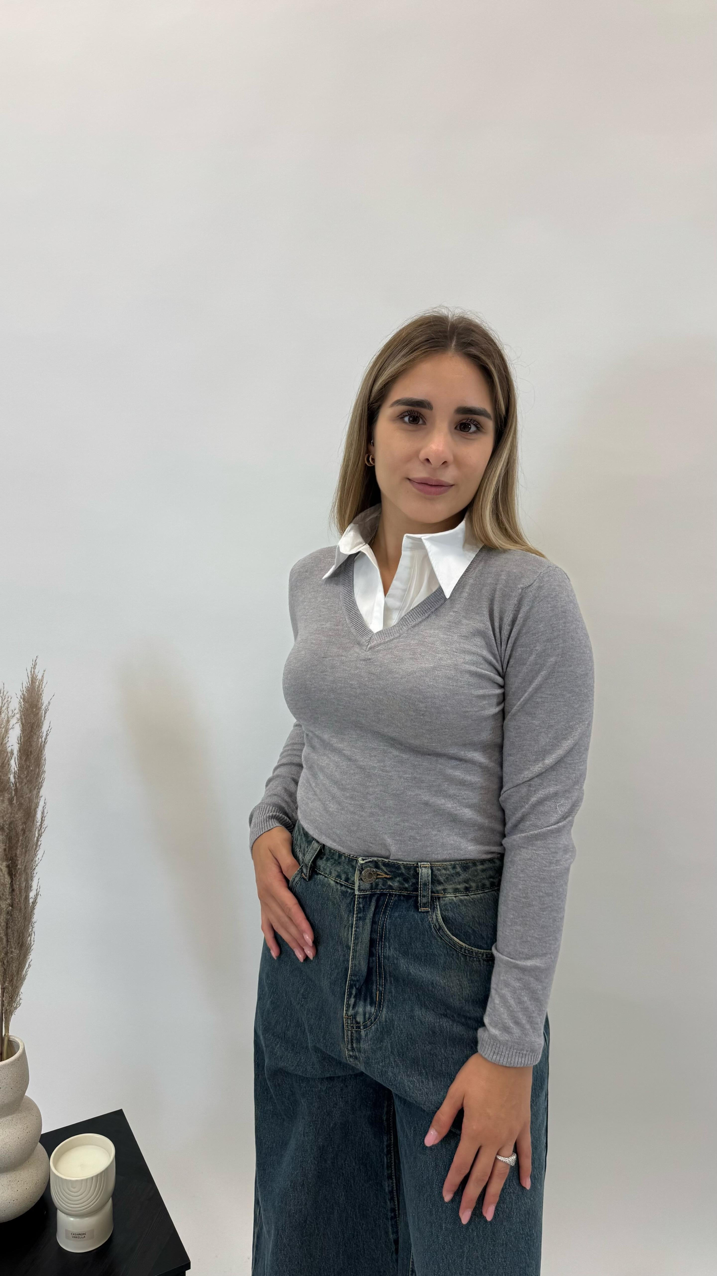 Pull Camicia Cucita Grigio Perla