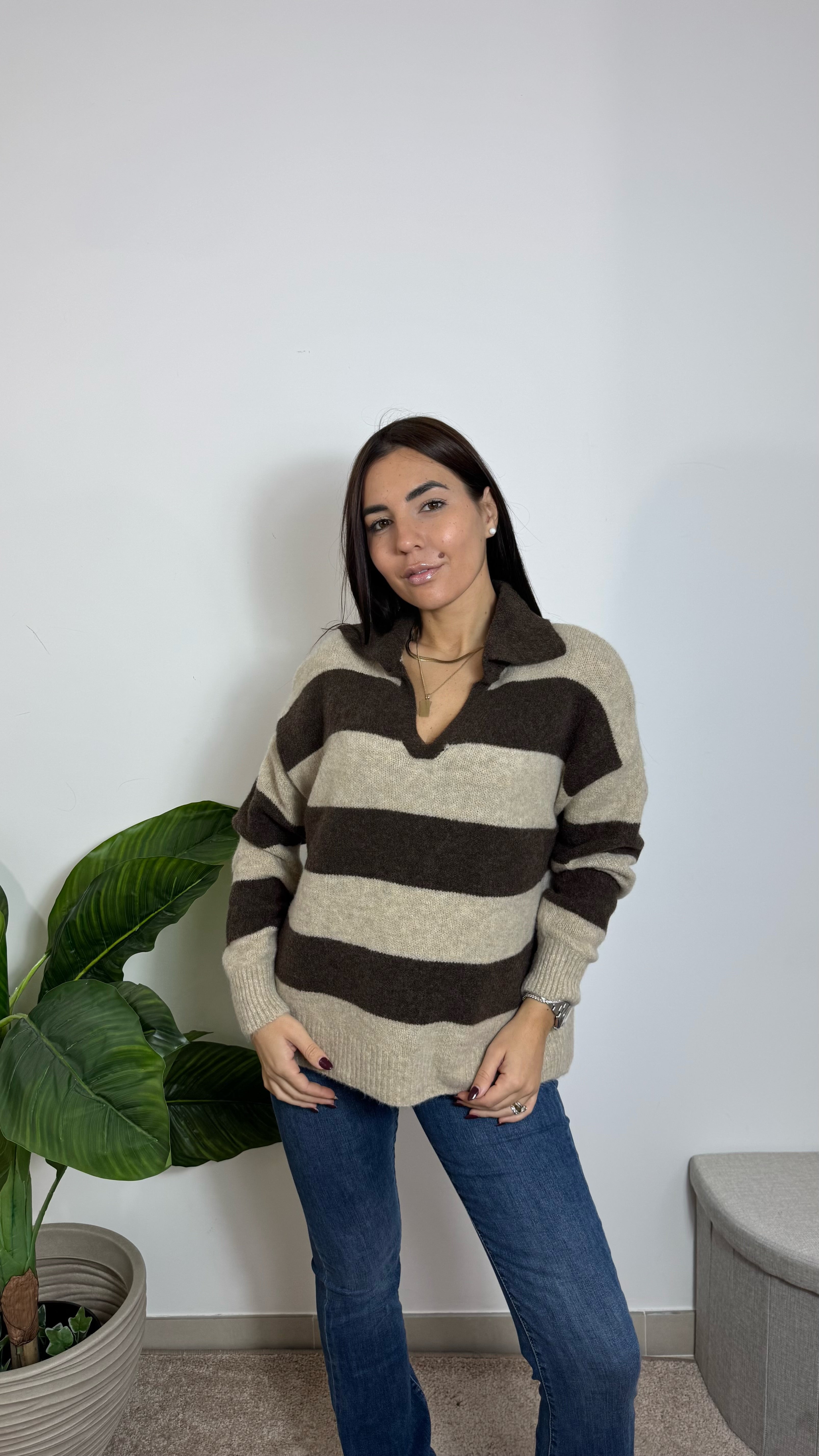 Pull Polo Righe Soft Nude