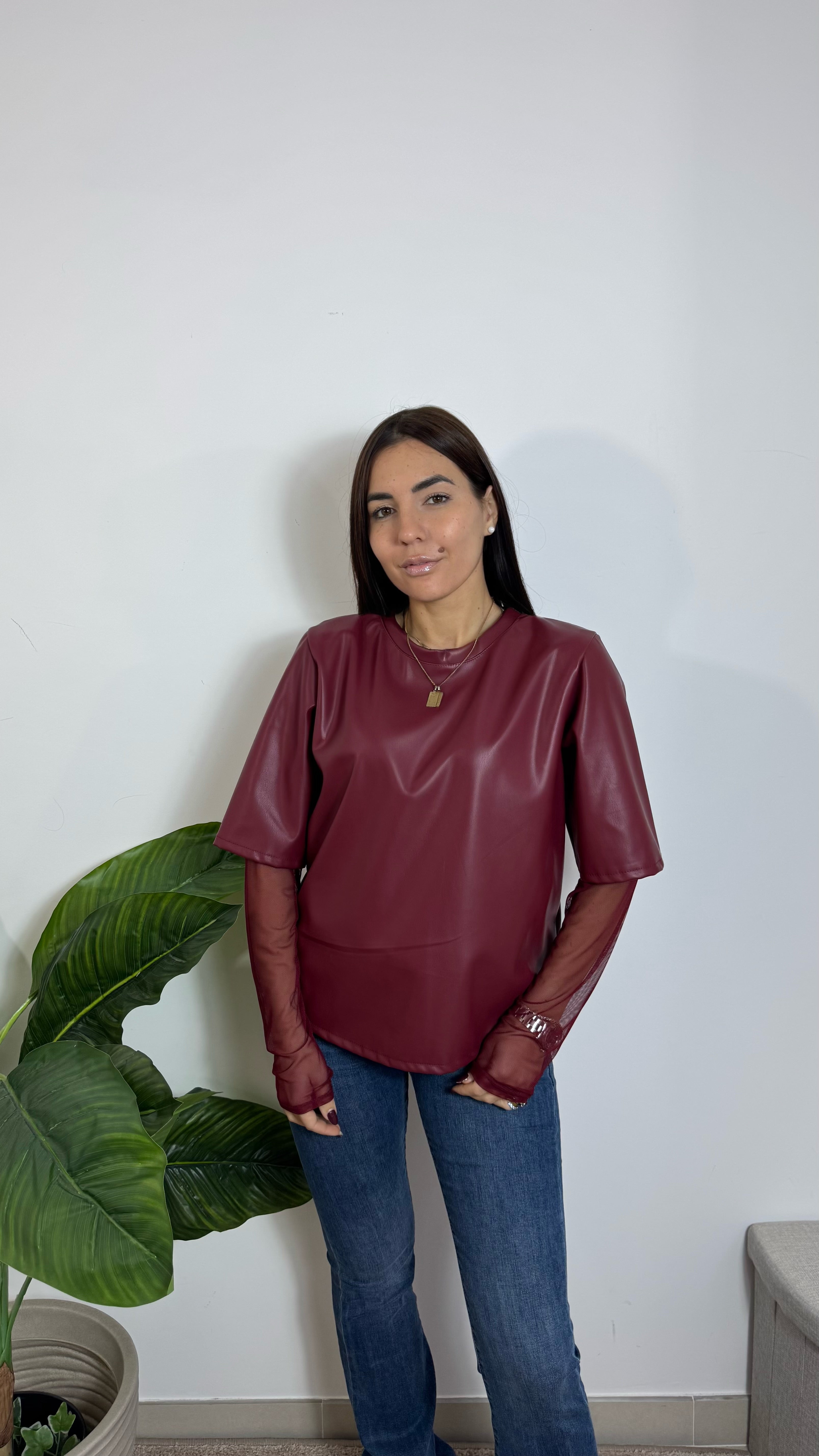 Maglia Ecopelle Manica Tulle Burgundy