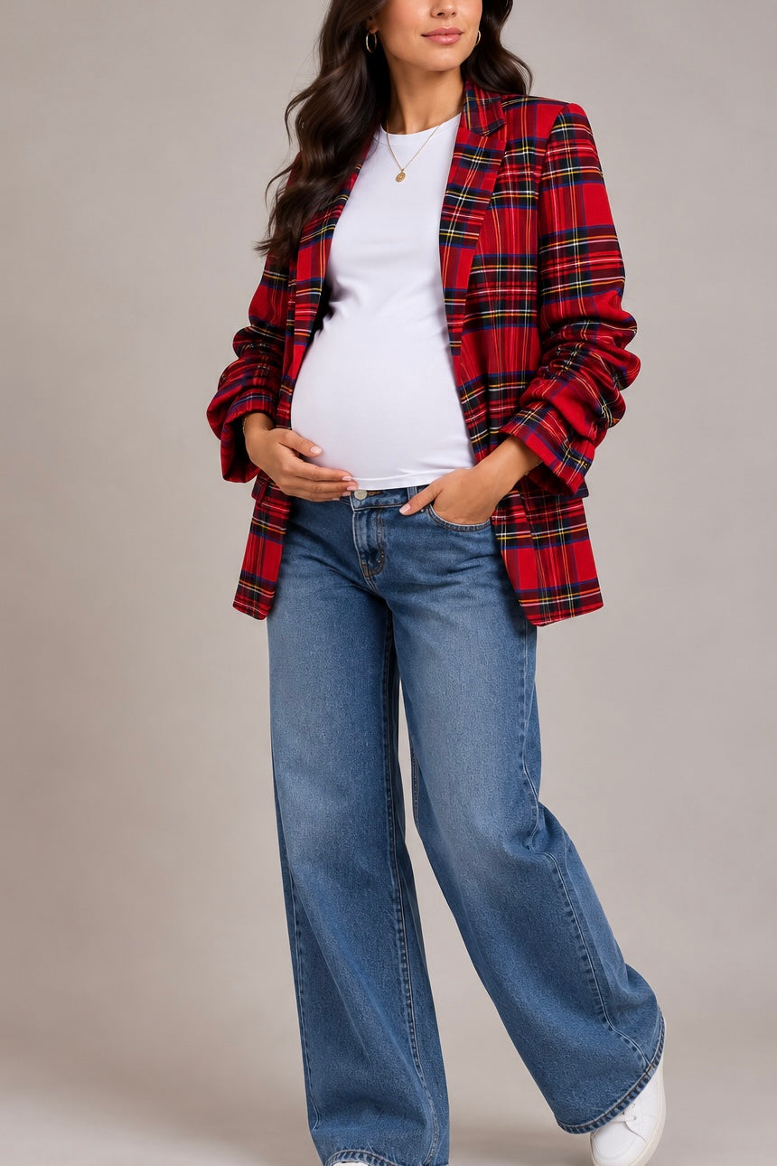 Giacca Tartan Manica Arricciata Rossa