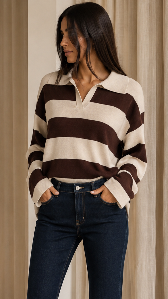 Maglia Polo Stripes Choco/Ecru