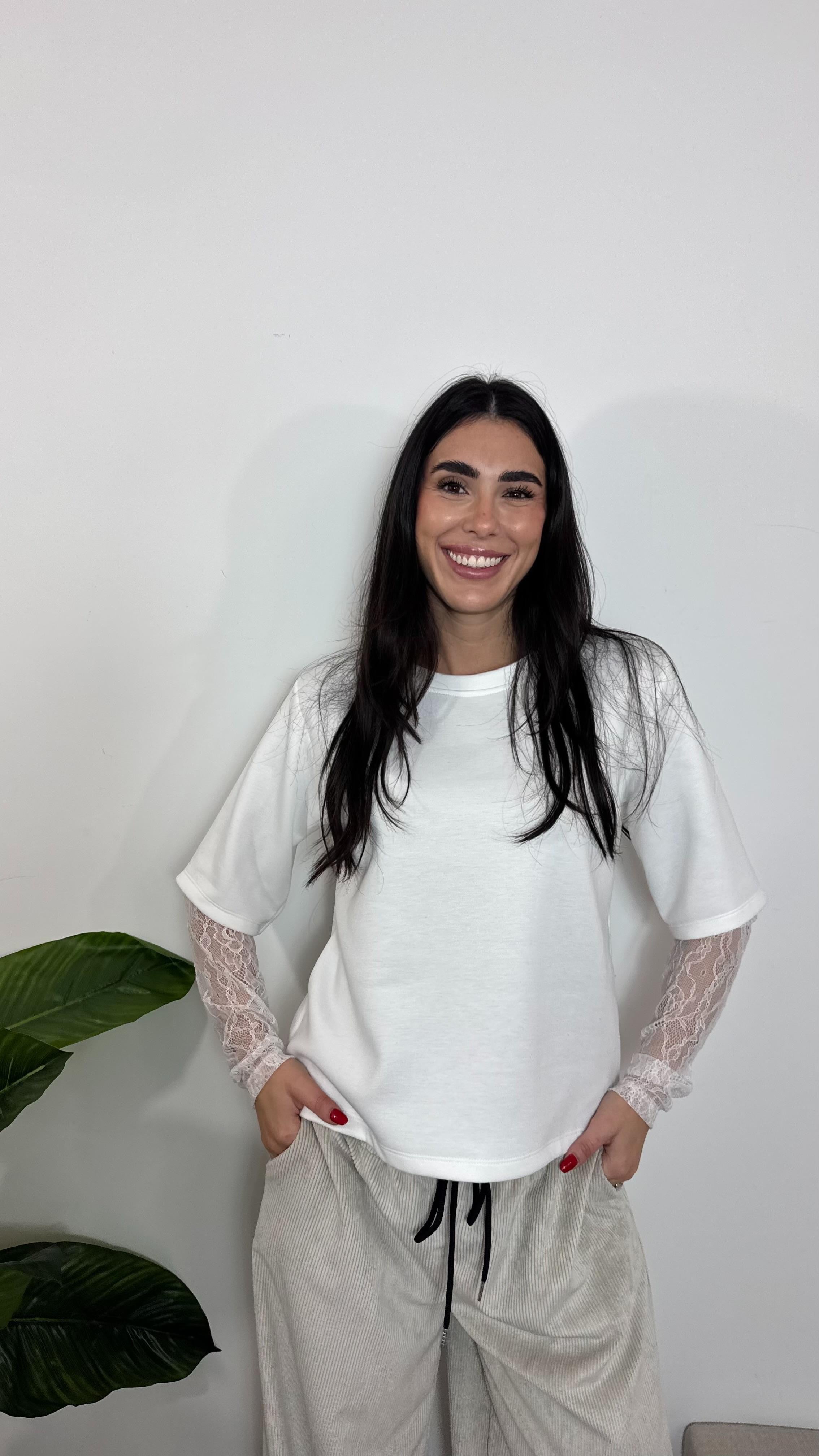 Felpa Cozy Manica Pizzo Bianca