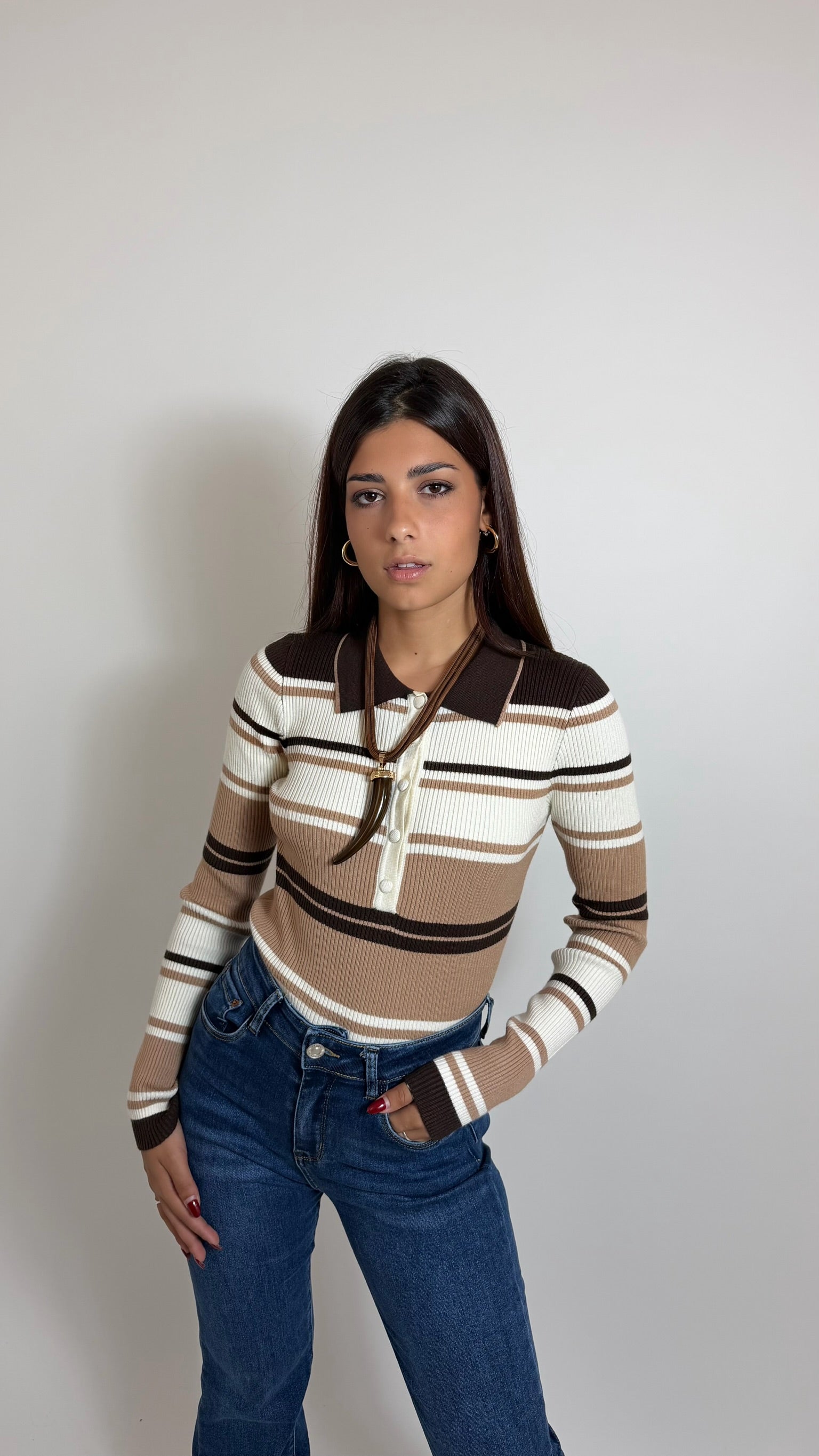 Maglia Polo Rib Stripe Burro/Choco