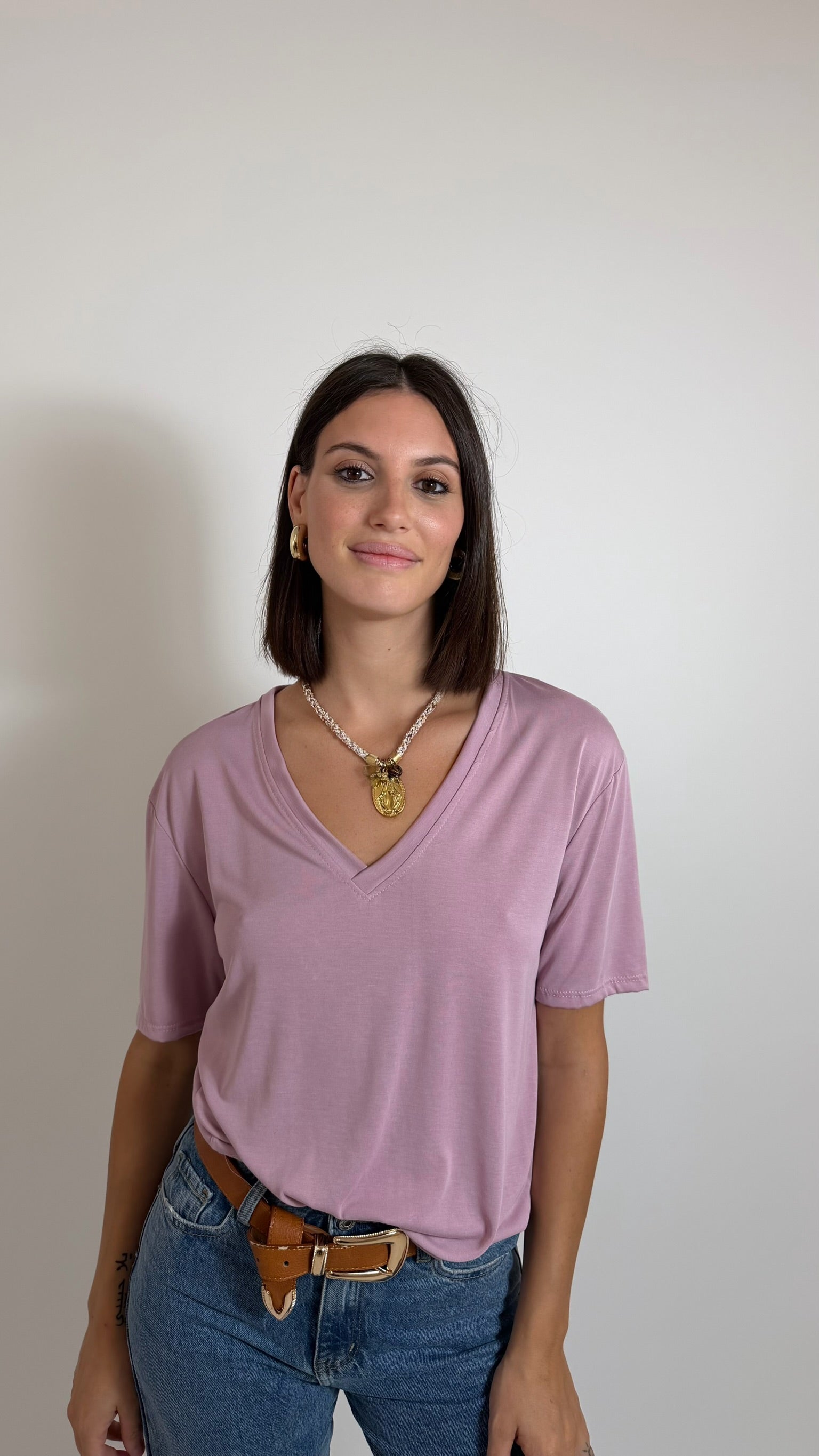 T-Shirt Soft Scollo V Rosa Antico