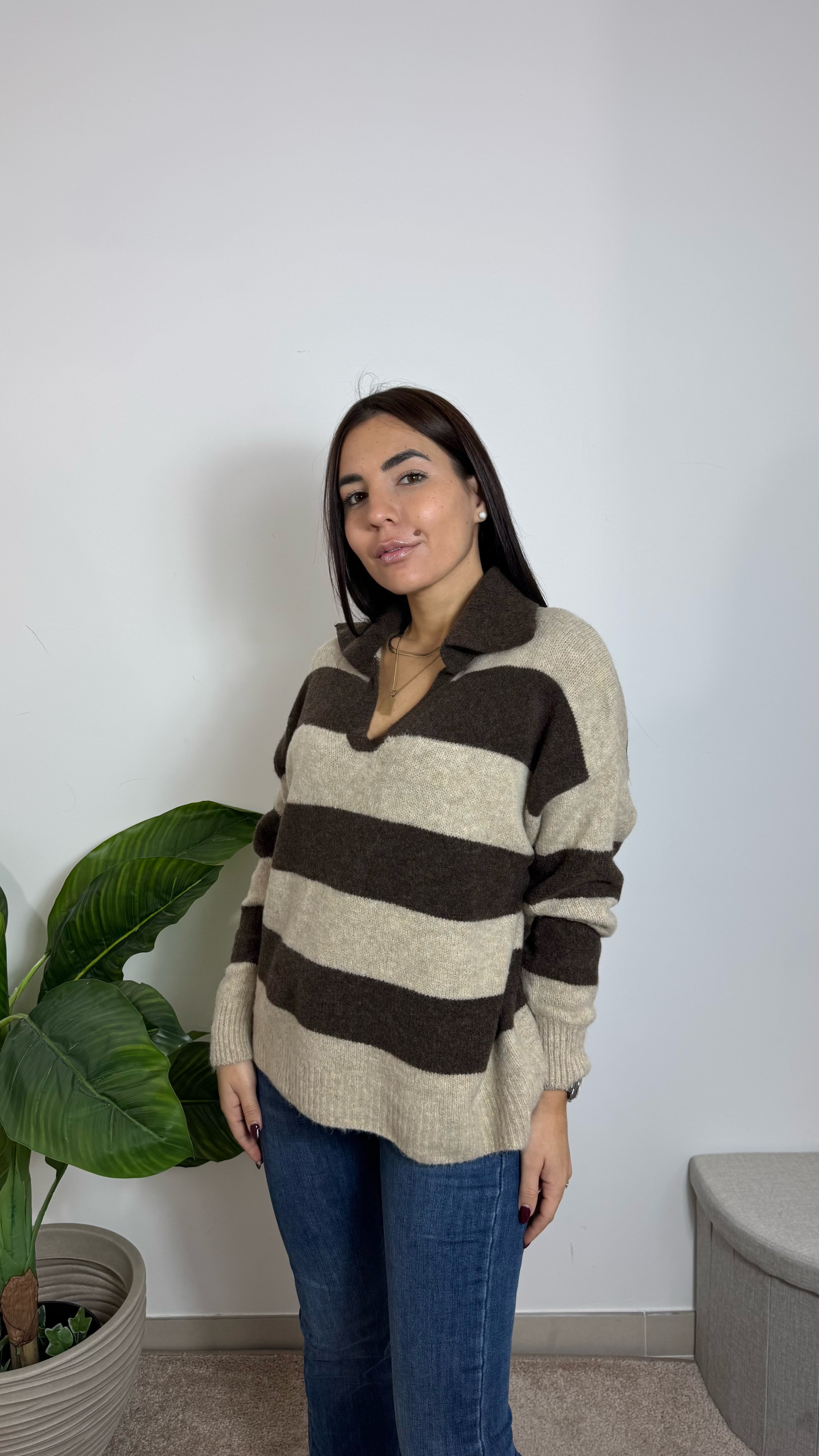 Pull Polo Righe Soft Nude