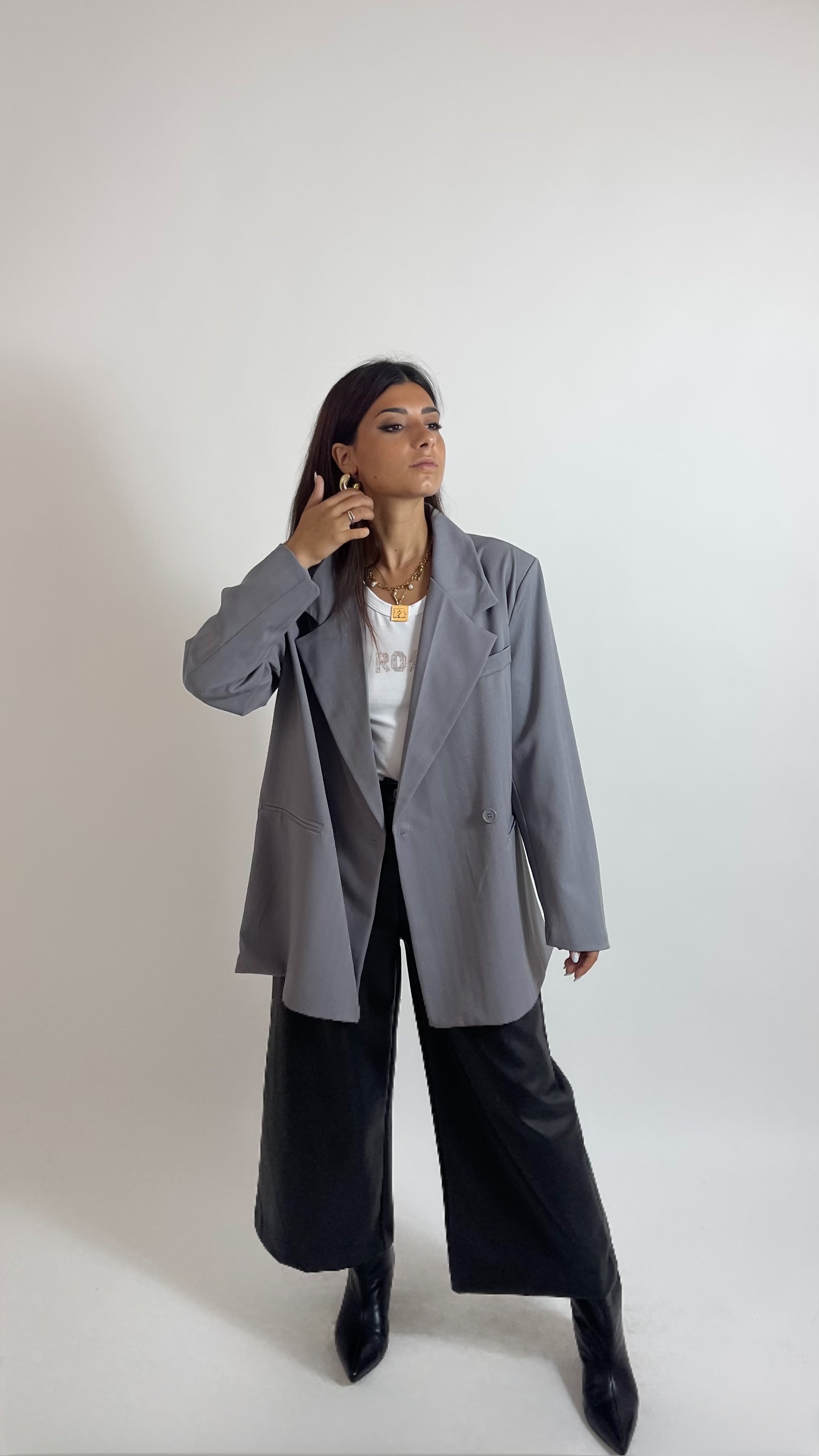 Giacca Over Herringbone Grigia
