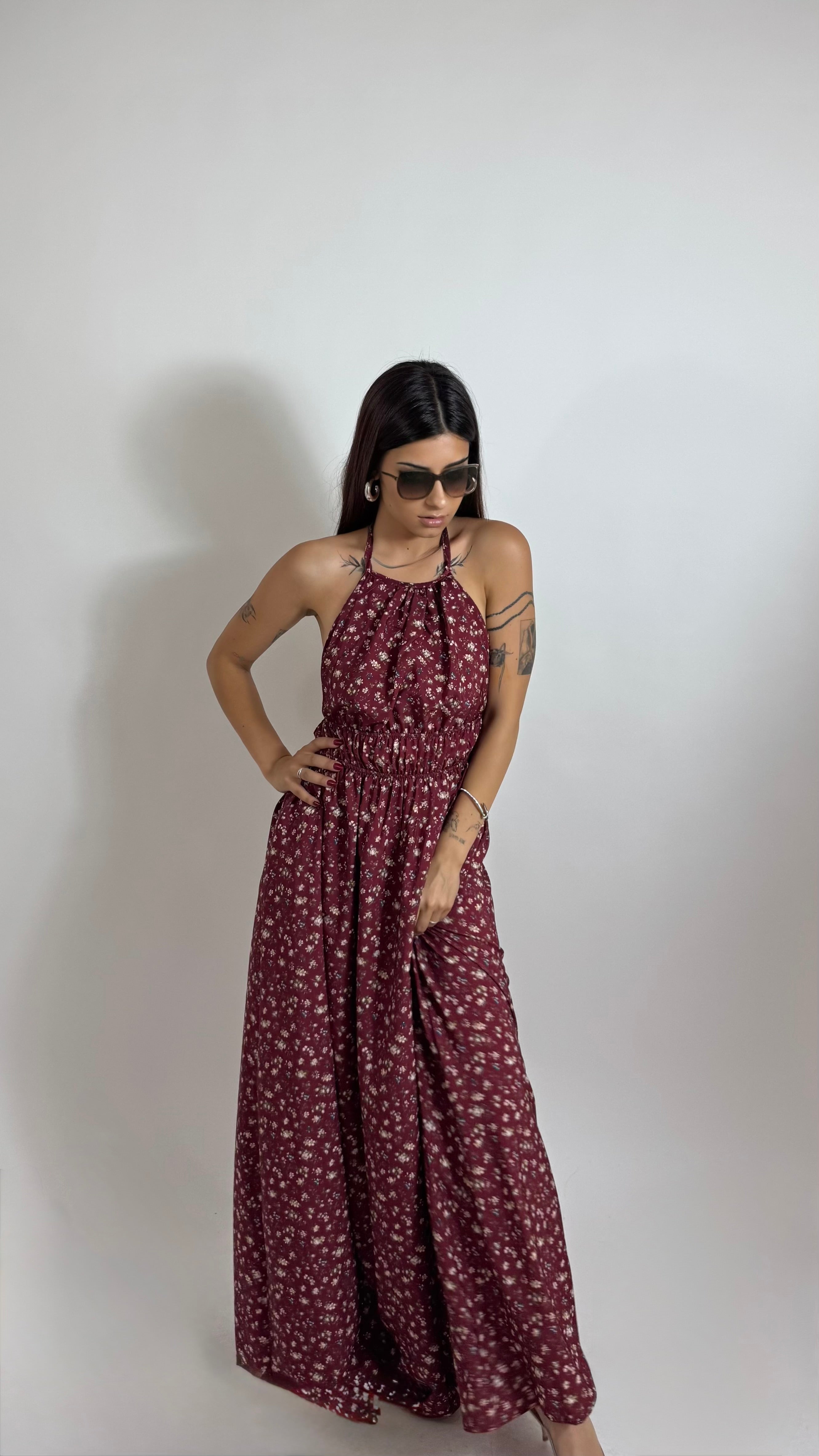 Abito Halter Flowers Rosso India