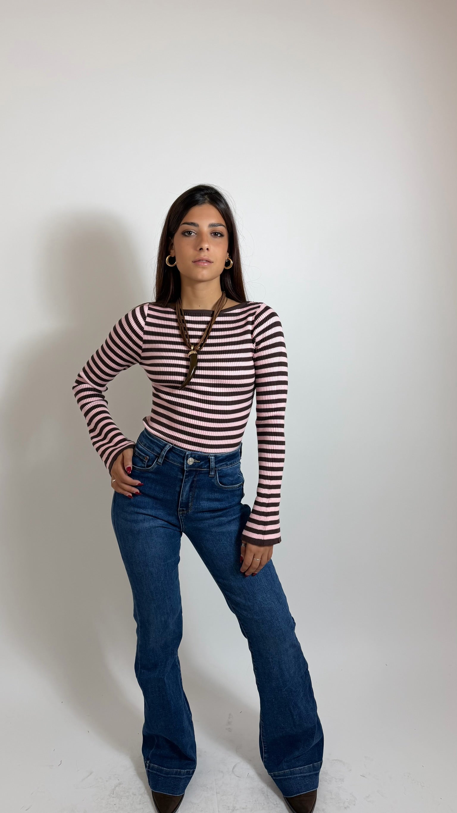 Maglia Rib Stripe Pink/Choco