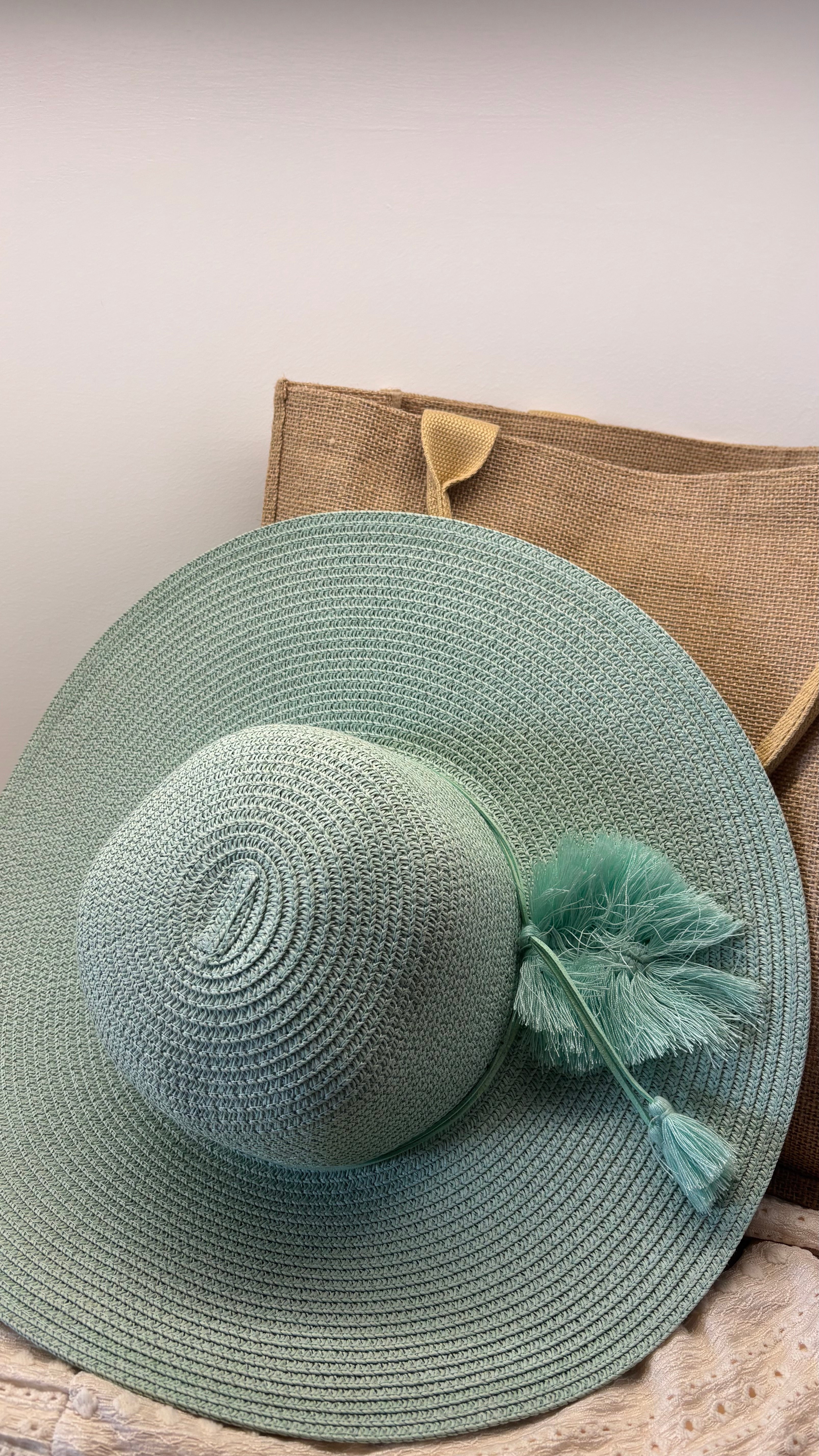 Cappello Falda Larga - Rafia e Nappine - Menta