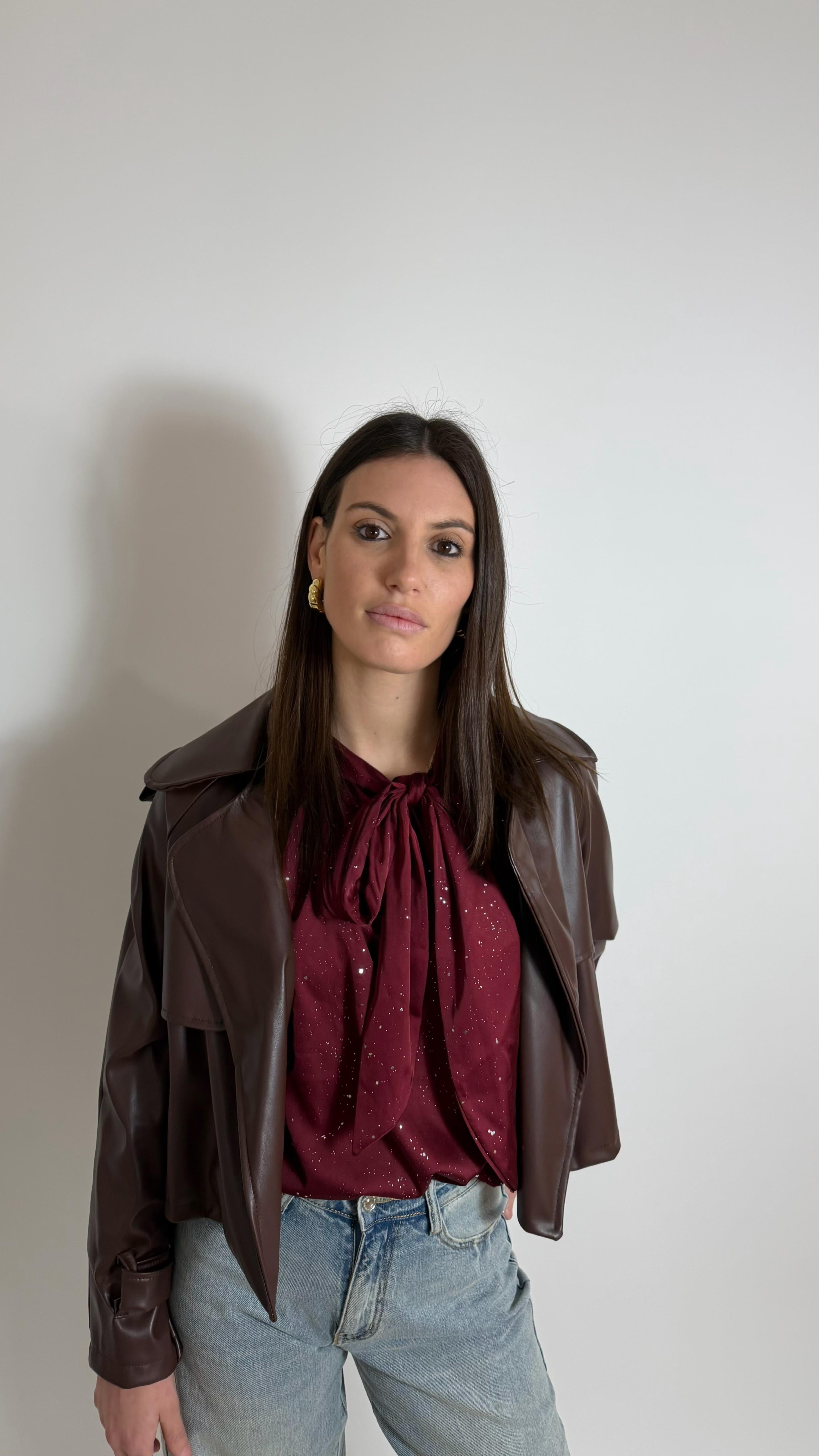 Camicia Shine Fiocco Effetto Raso Burgundy