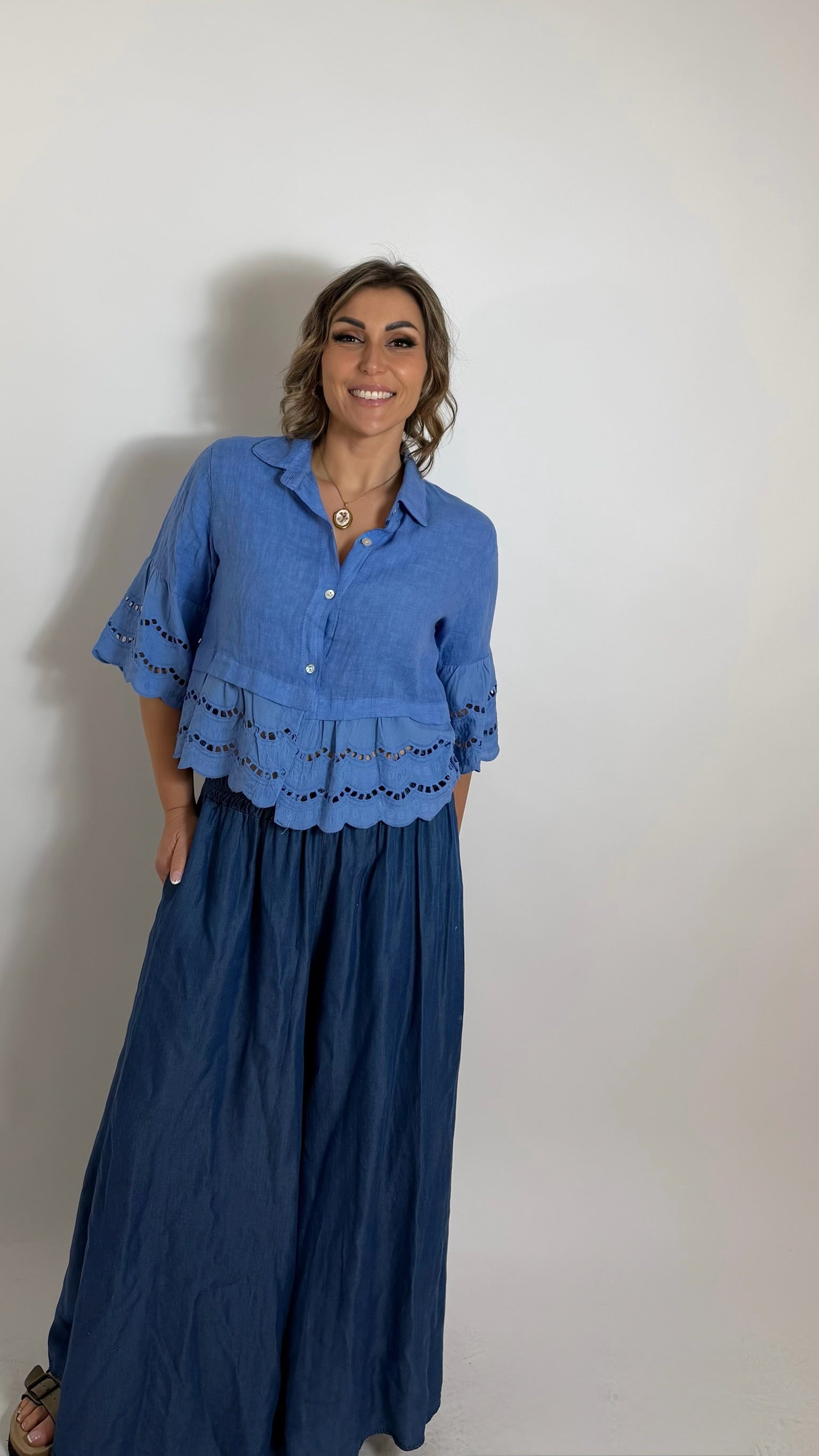 Camicia Crop Lino Sky