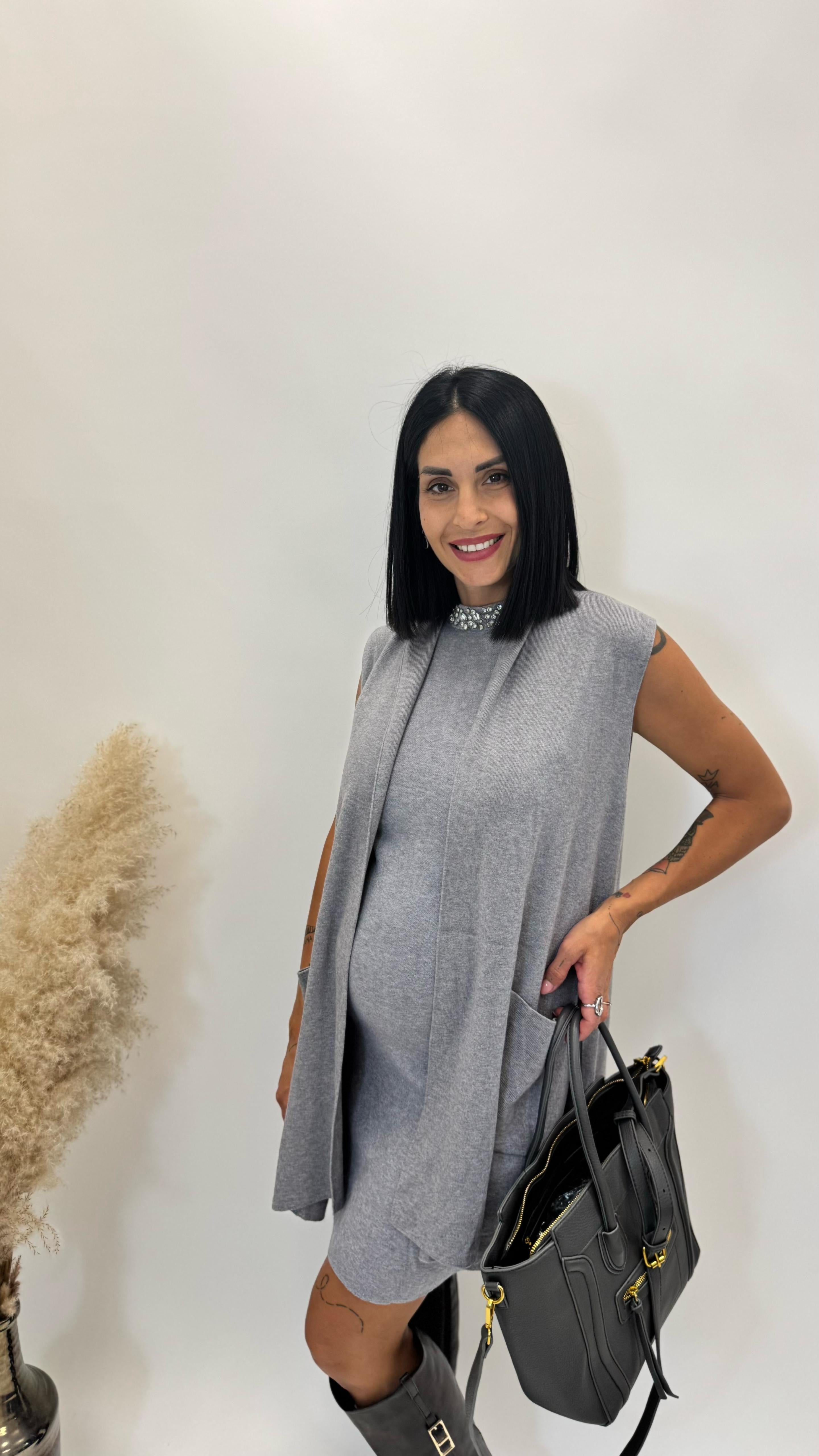 Abito Strass Grigio Perla