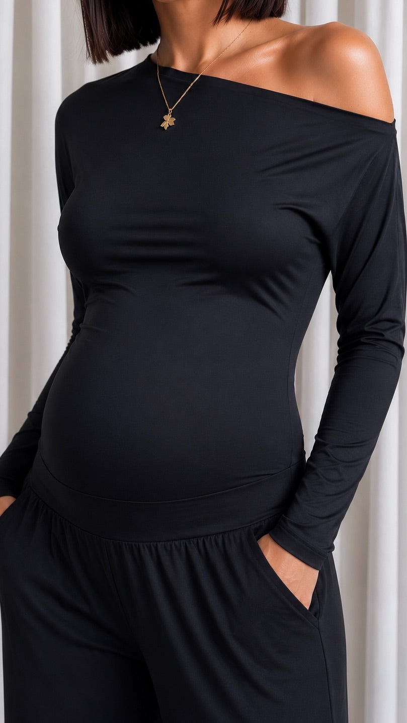Maglia Yoga Second Skin Spalla scesa / Nera